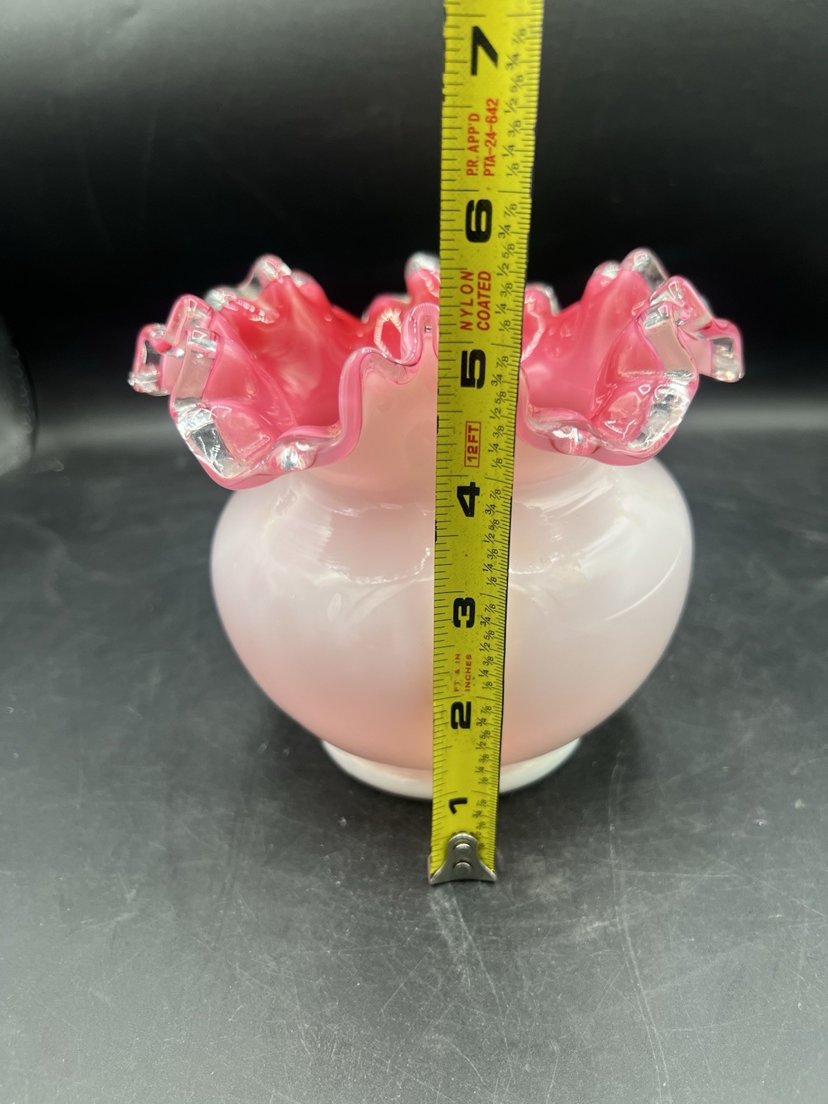 Vintage Fenton Peach Crest White Cased Rose Bowl Vase Pink Interior Ruffled Rim
