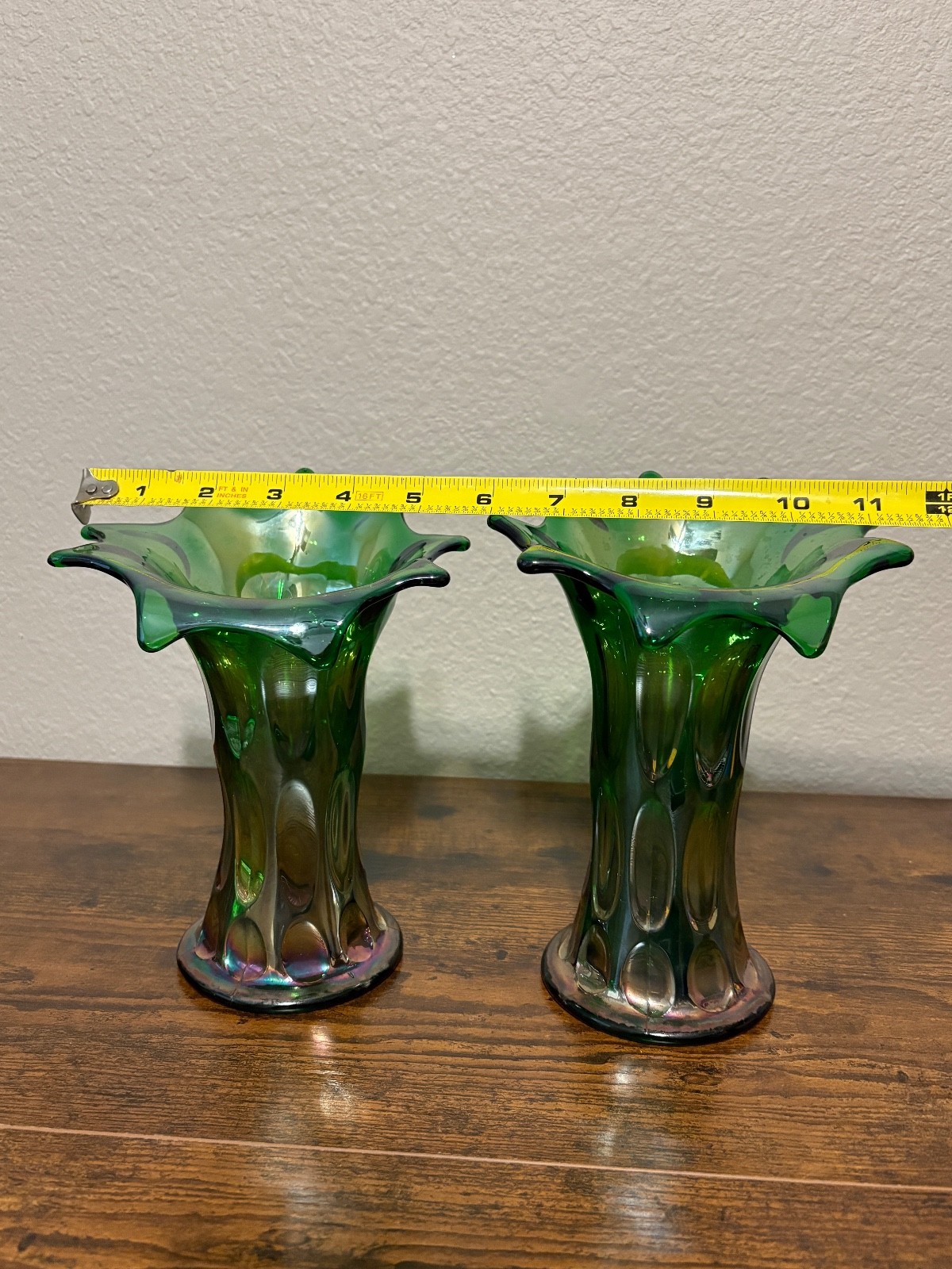 PAIR Of ANTIQUE FENTON Green Iridescent LONG THUMBPRINT Carnival Glass Vases