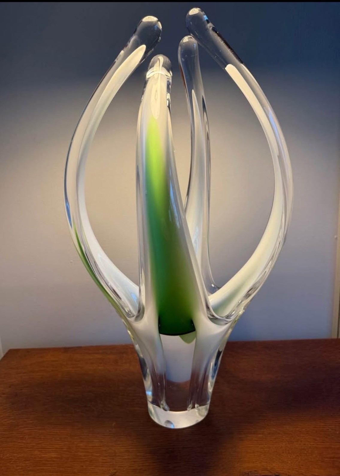 Lg Flygsfors Coquille Sweden 18” 10lb Art Glass 4 Section Vase Kedelv Signed MCM