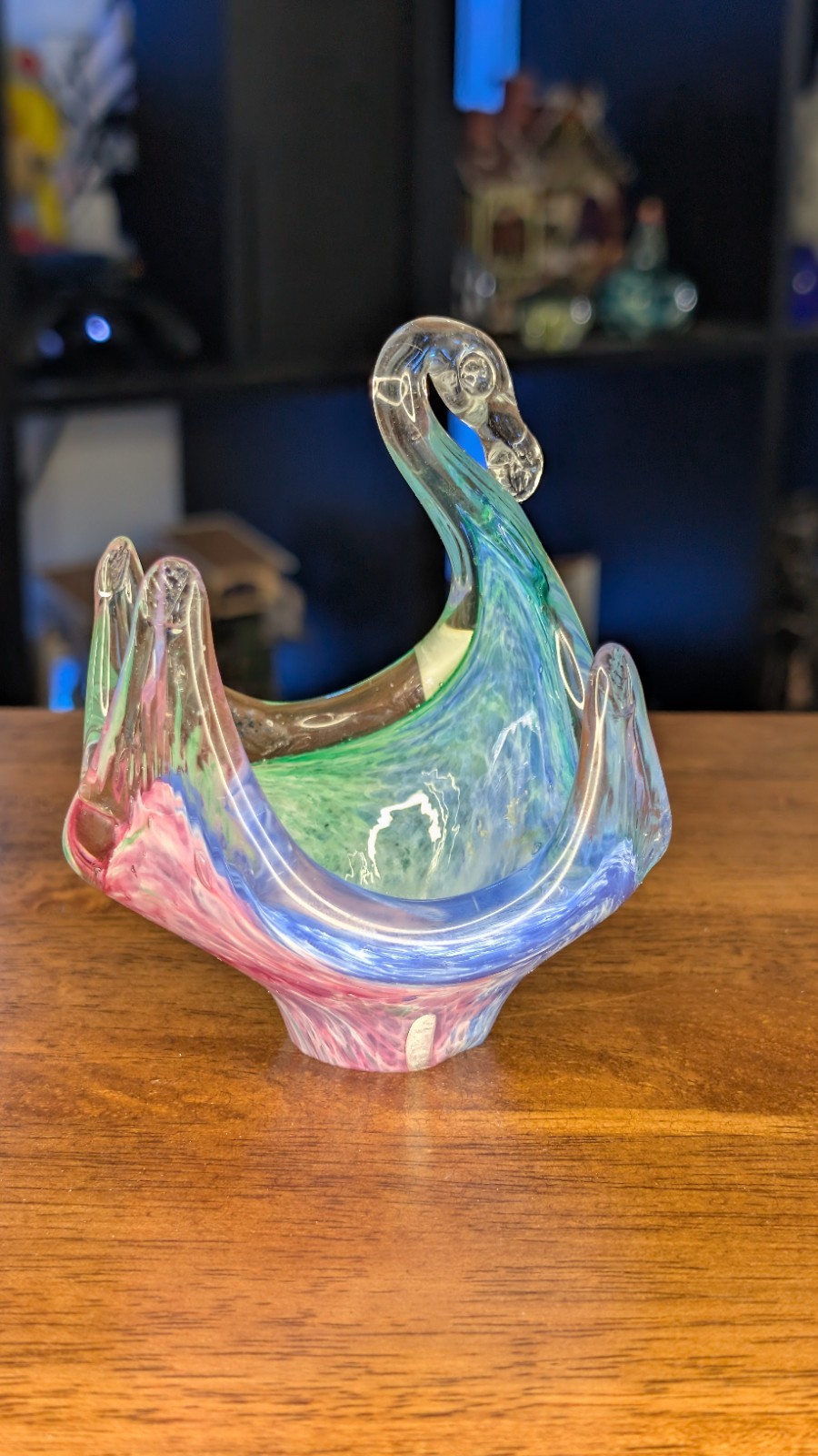 Vintage Murano Blown Glass Swan. Blue, Green & White. Approx. 5 Inches Tall.