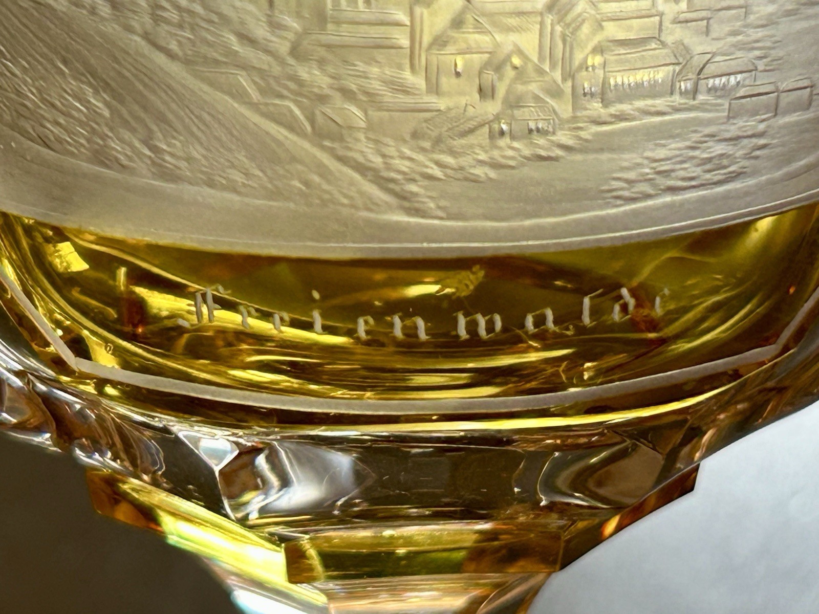 Rare Antique Bohemian Amber Cut to Clear Goblet With Scenes Of 2 Cities 7” Tall