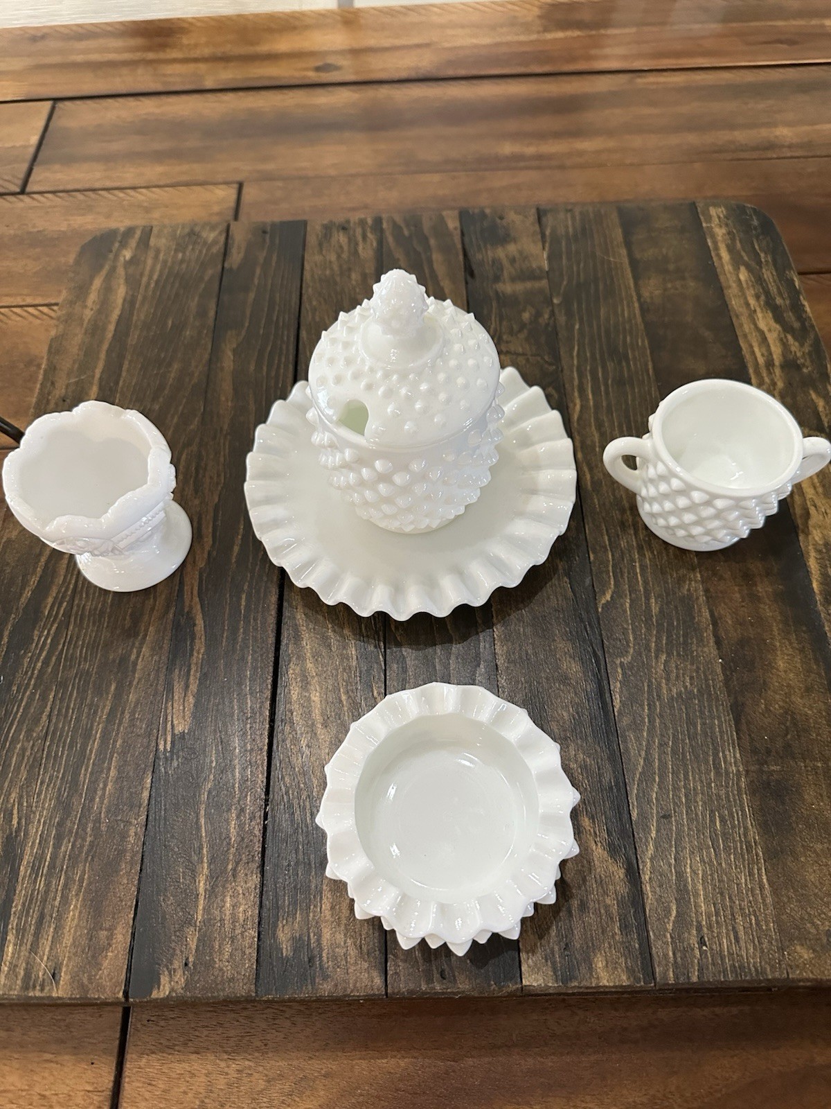 Fenton Hobnail Milk 6 Pc Glass Set – Creamer, Sugar Bowl, Jam Jar W/Underplate