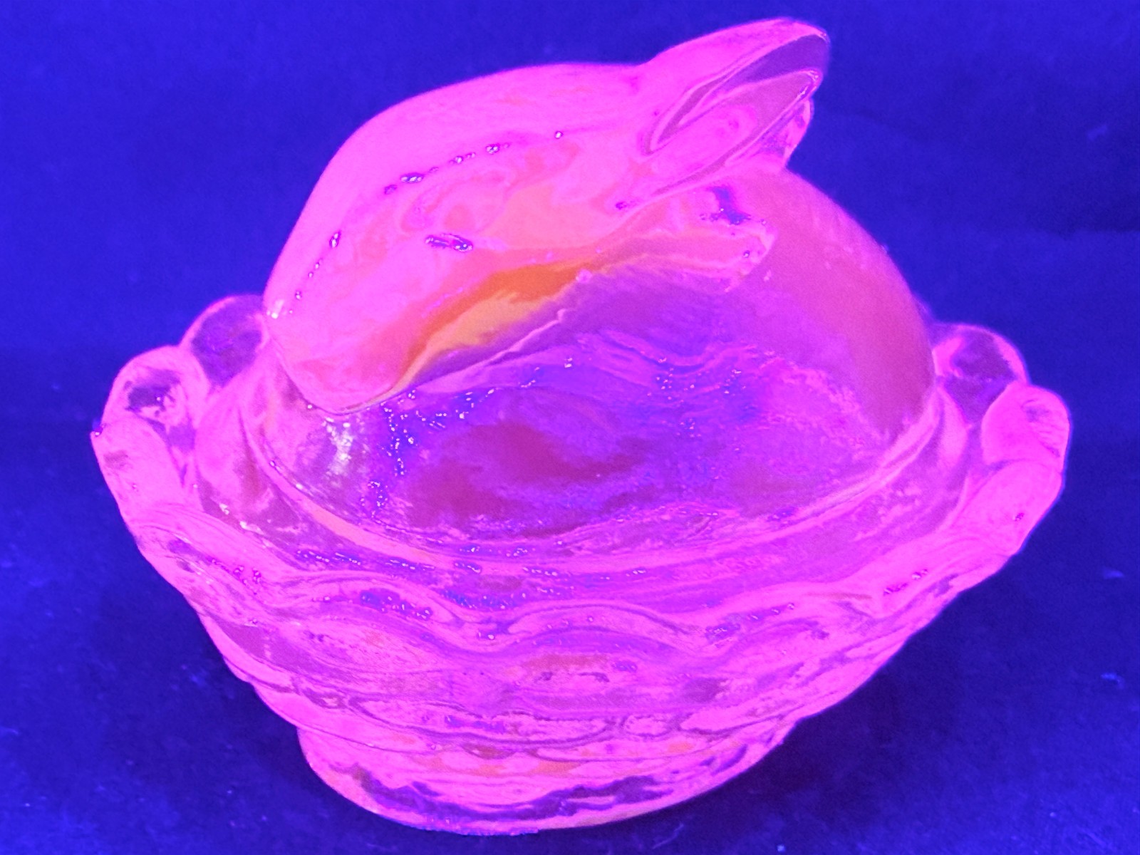 Teal green Vaseline Uranium glass Bunny rabbit on nest basket Easter salt cellar