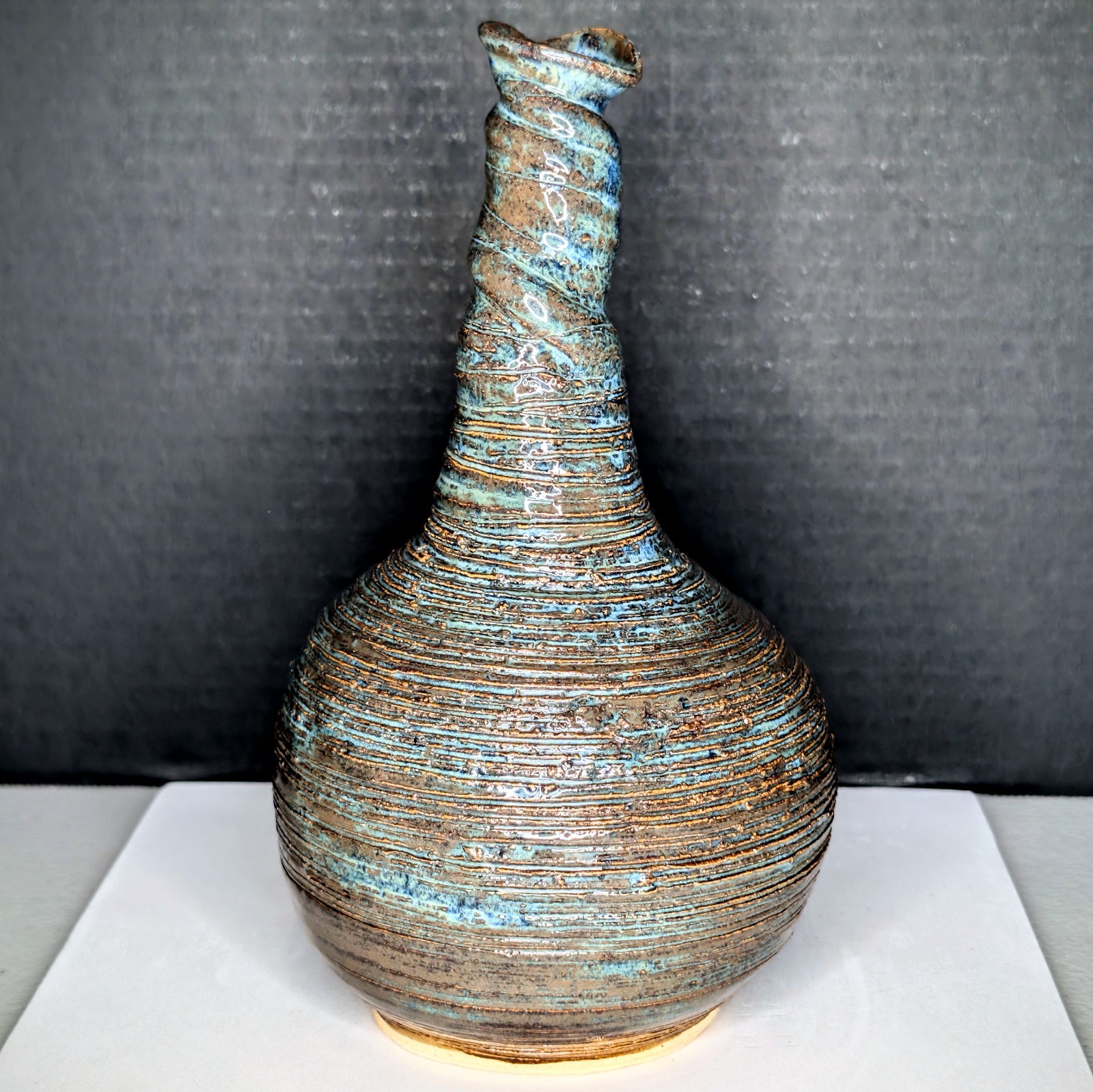 Stoneware Crystalline Twisted Vase Globular Body Twisted Neck Blue Green Crystal