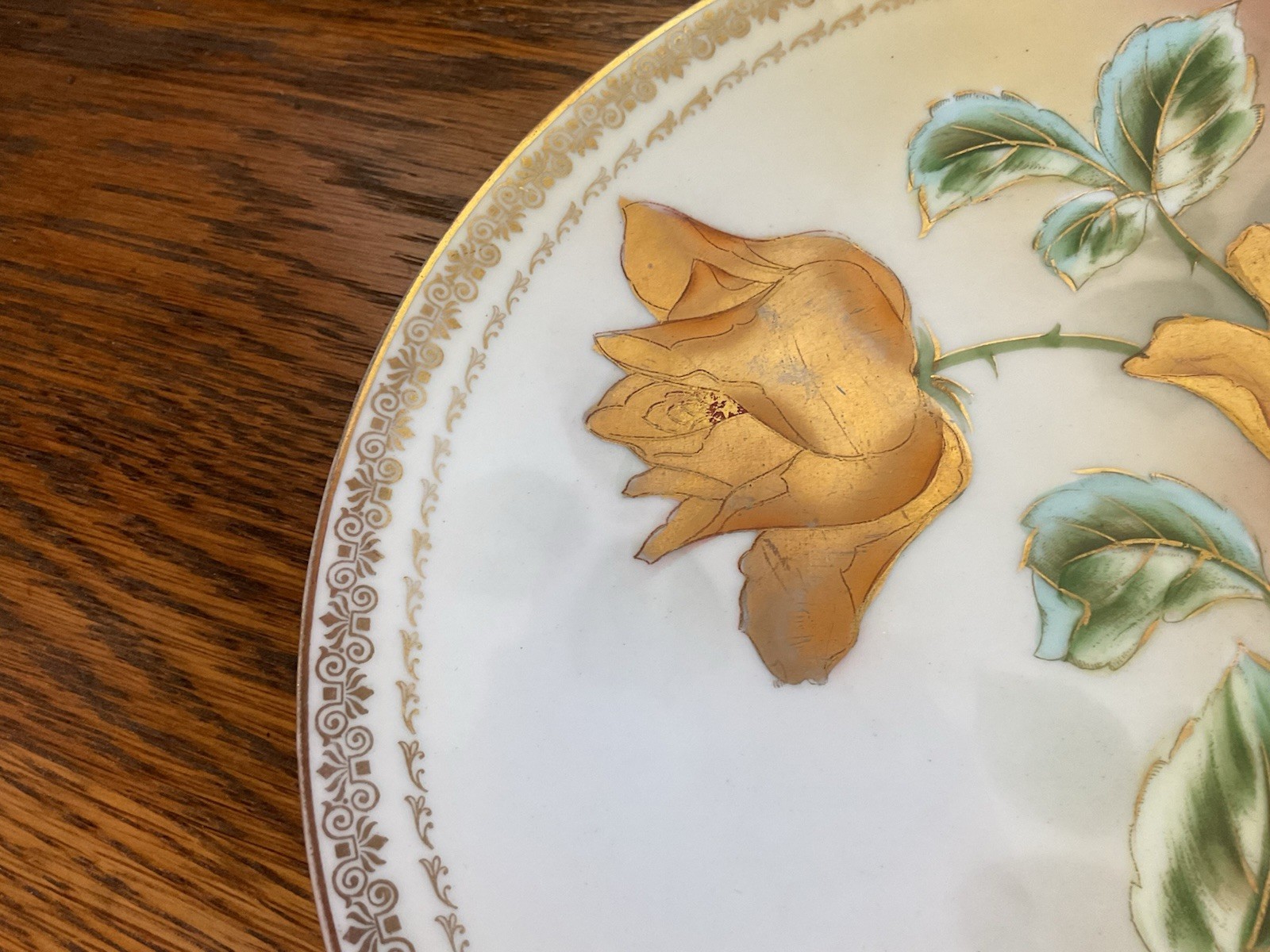 c.1920 Antique RS Germany 8” Porcelain Plate Studio Handpainted Gold Roses
