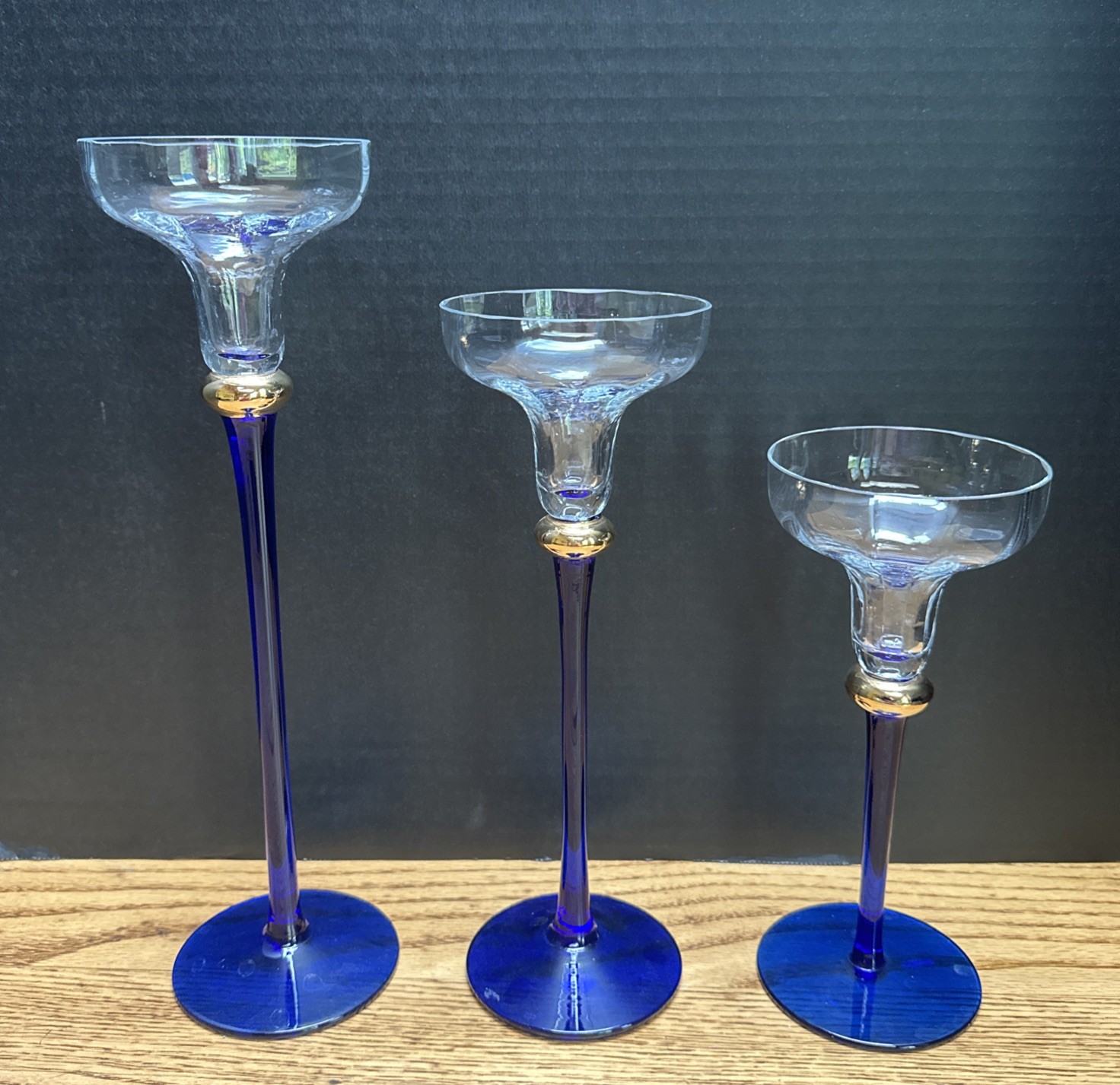 Crystal Cobalt Blue Stemmed Candlestick Holders Set Of Three Romania