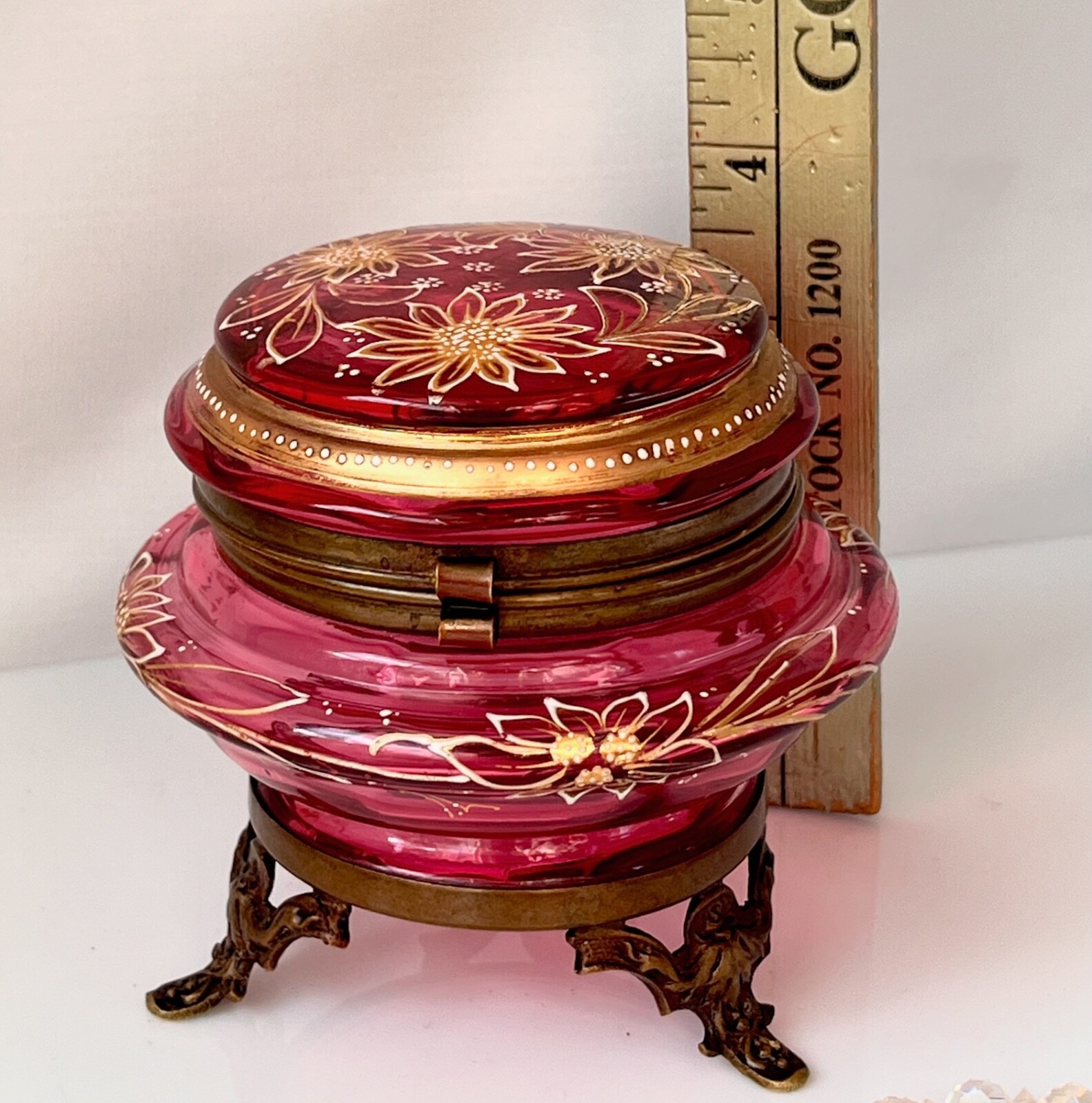 ANTIQUE-Czech GLASS DRESSER BOX-Footed-Large Hinged Cranberry Powder Jar