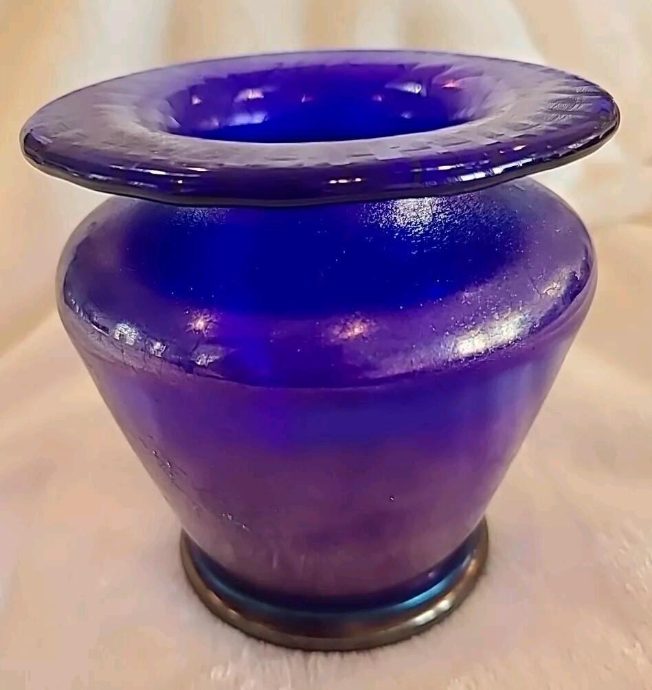 VIntage Vase Iridescent Cobalt Blue / Purple Flaired Rim Thick Art Pastel Glass