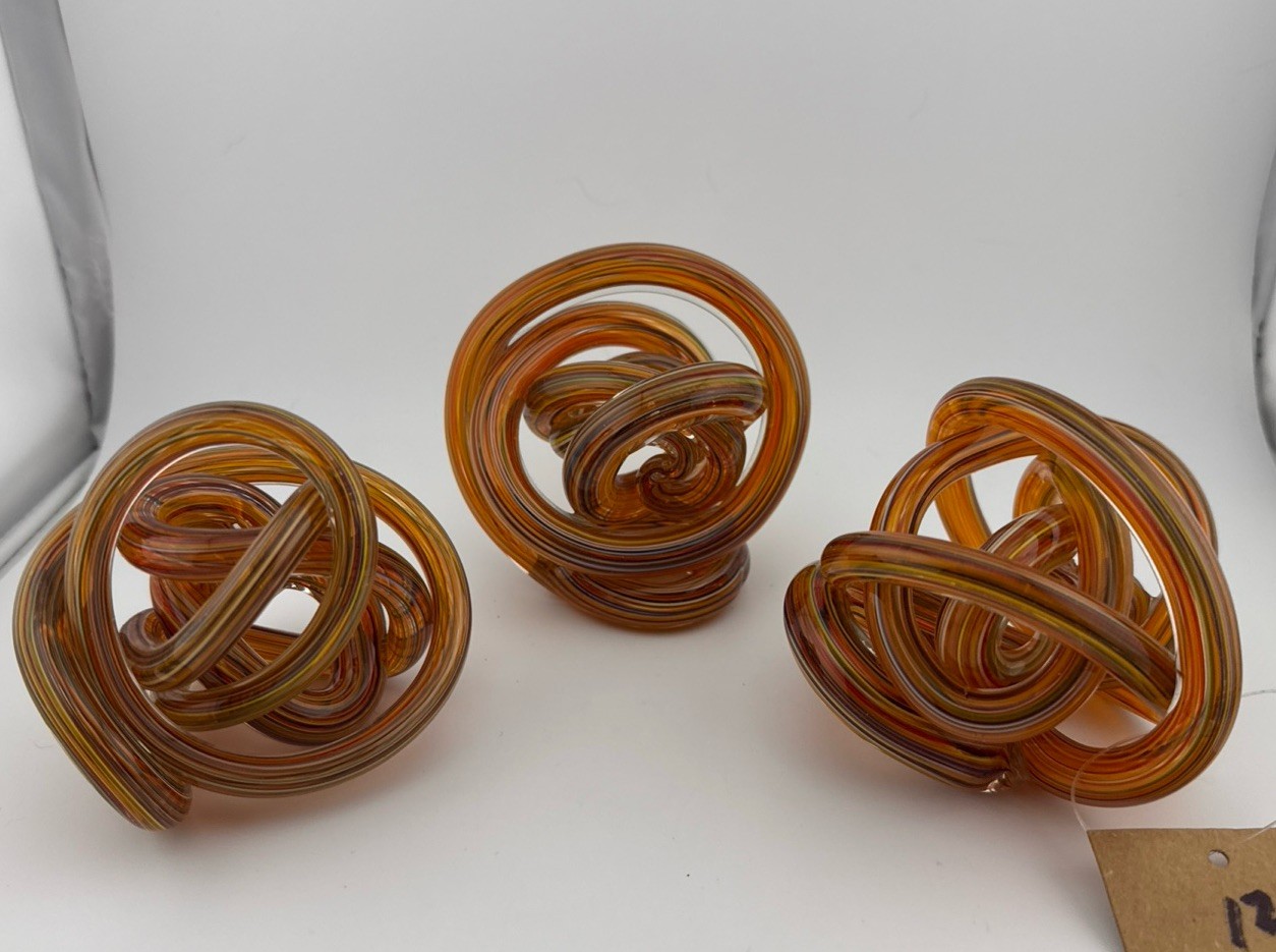 Hand Blown Infinity Glass Twisted Knotted Set Of 3 Red-Orange Decor Paper Weight
