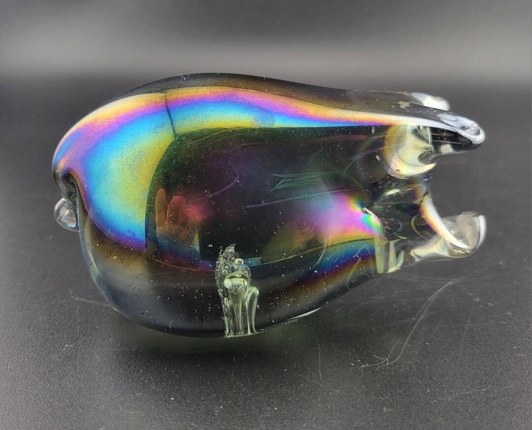 Iridescent Glass Pig Paperweight Unmarked Vintage Rainbow Boar Figurine