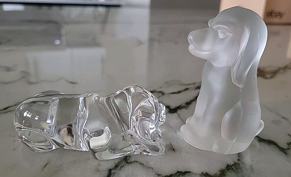 Hound Dog Puppys Frosted Glass & Translucent Paperweights Set Of 2