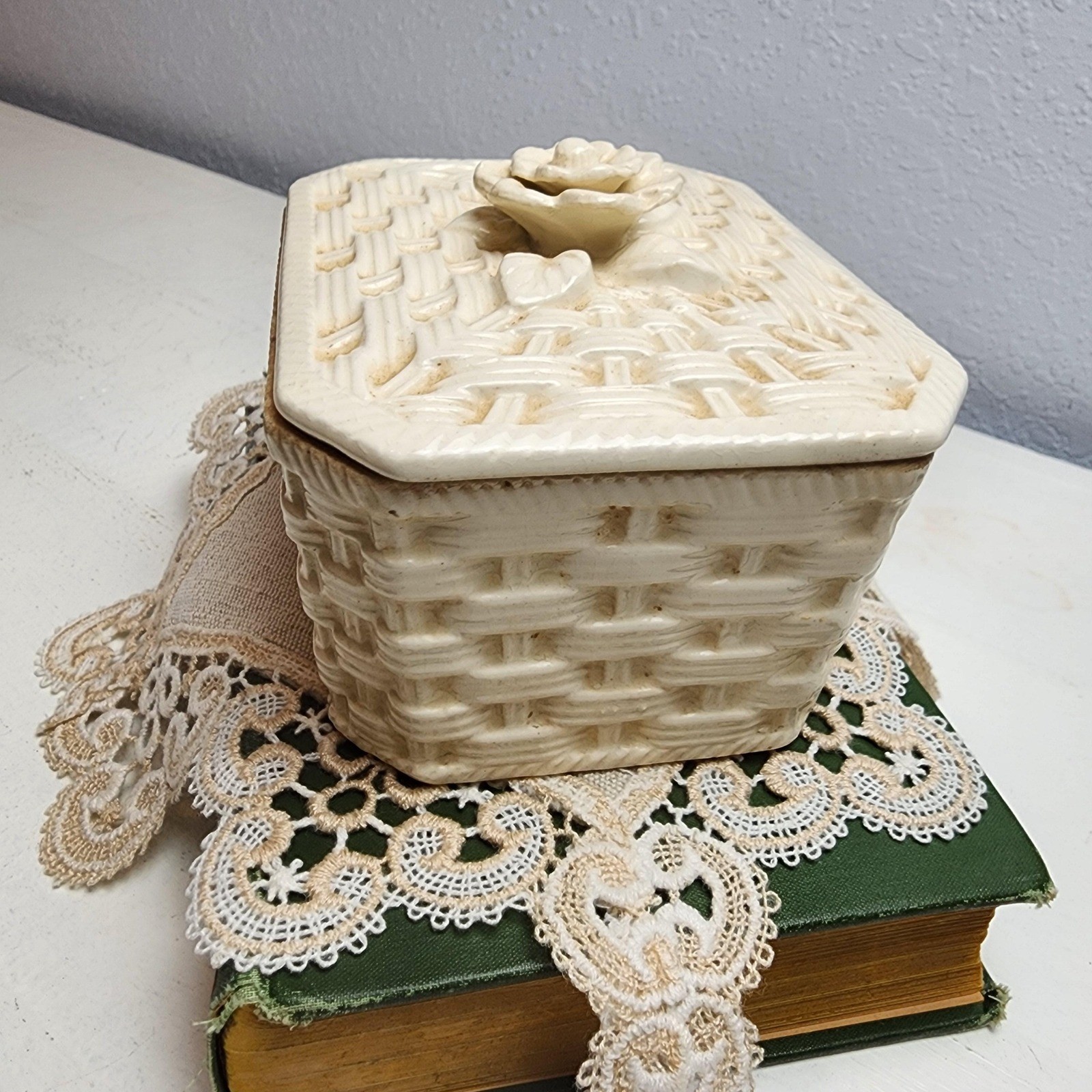 Vintage Basket Weave Porcelain Box with Rosette Lid, Cream Crackling