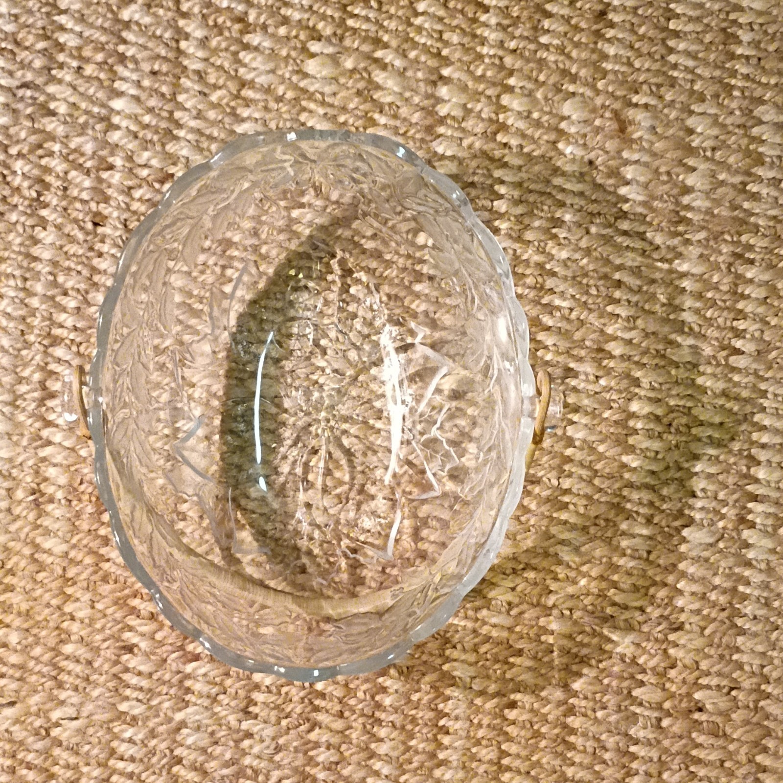 Clear Glass Oval Decorative Basket with Floral Pattern and Wicker Handle