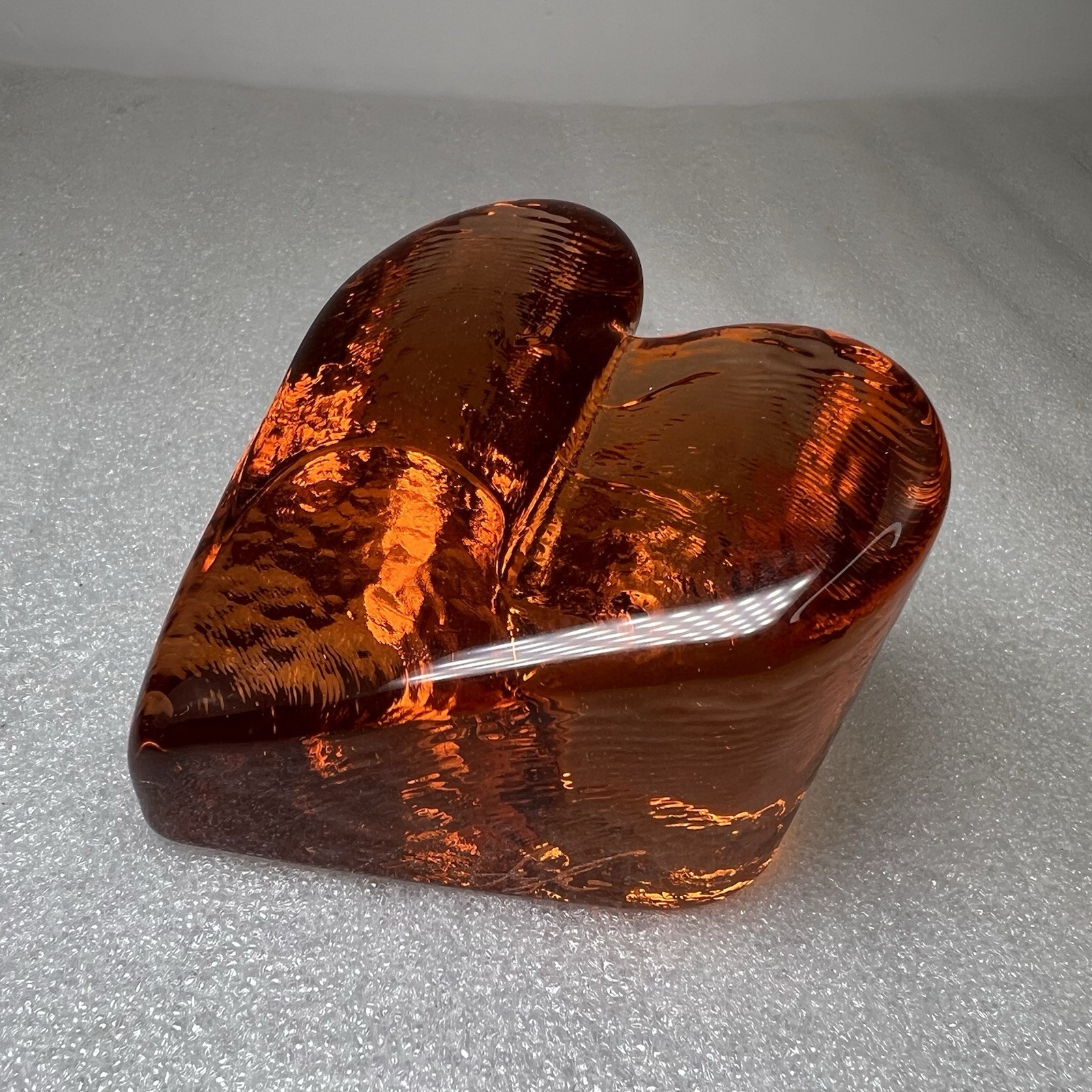 FIRE & LIGHT Amber Heart Glass Paperweight Orange/Copper Recycled Art Glass Sign