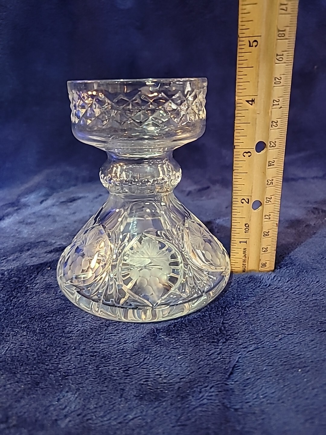 Lead Cut Crystal Unity Pillar Candle Holder Unknown Pattern Berries Grapes 4.5″
