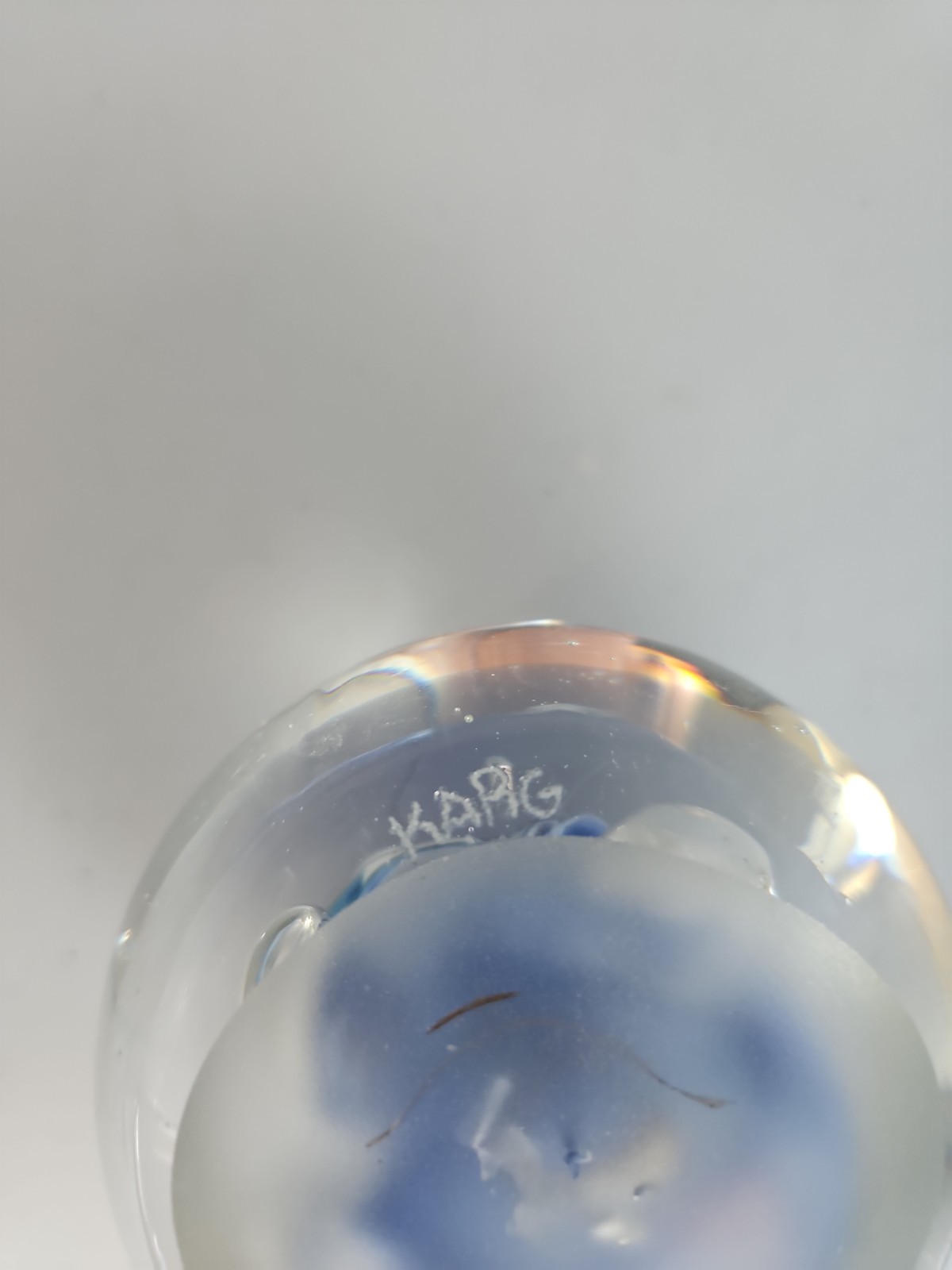 Rollin Karg Art Glass Signed Paperweight Blue Disc Dichroic Sphere Spaceship