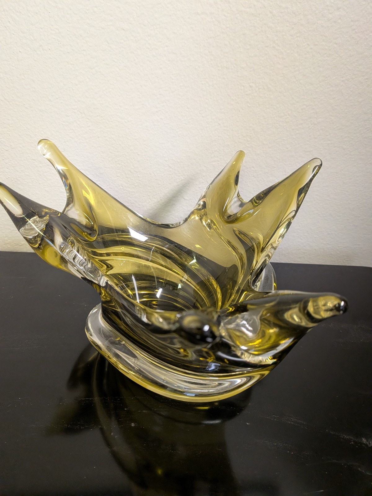 Vintage Chalet Canada Crystal Olive Green Art Glass Bowl Pulled 10.5” Signed