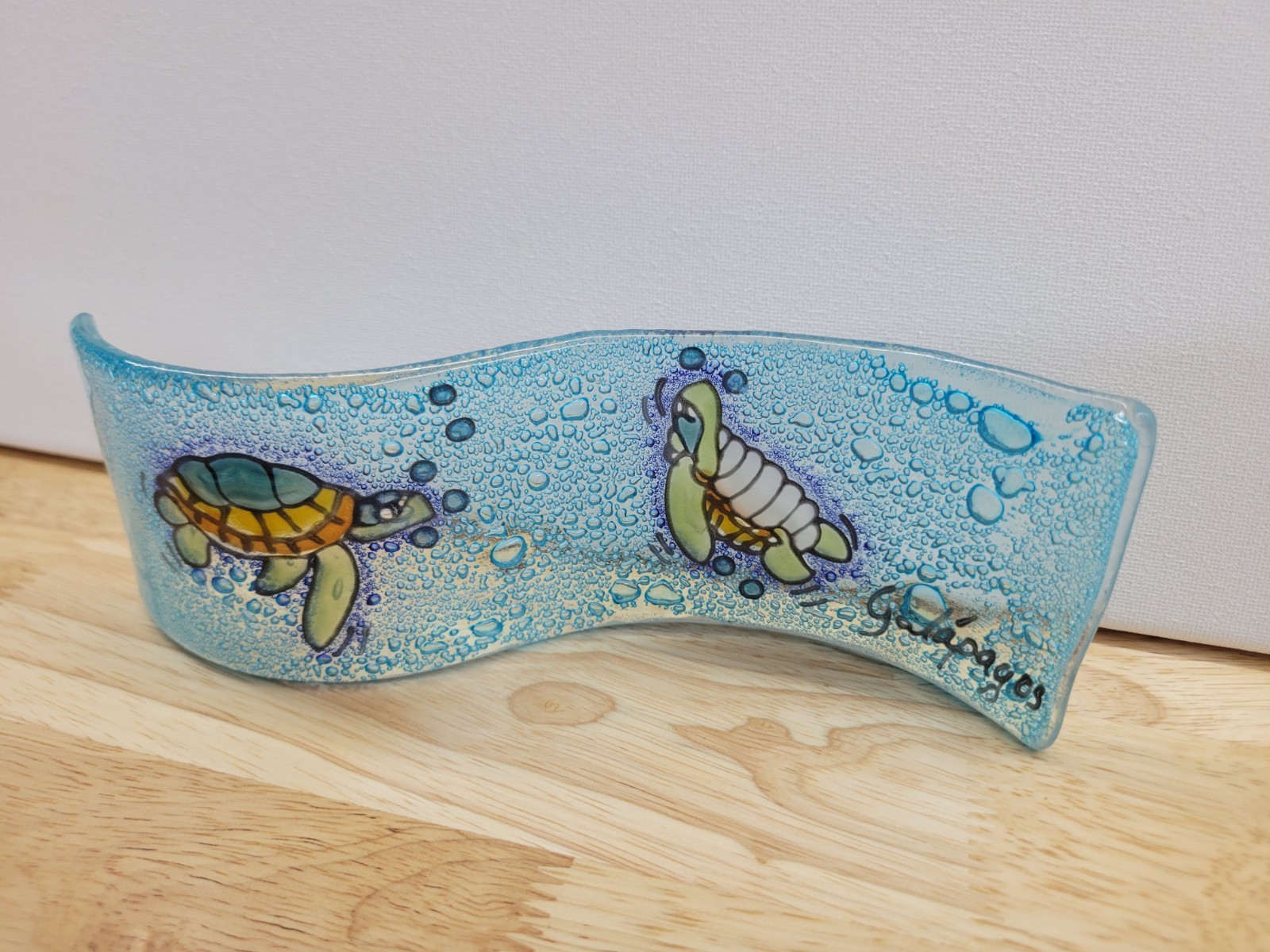 Galapagos Fused Glass Sea Turtle Wave Sculpture Signed Art Glass Ocean Decor 7″