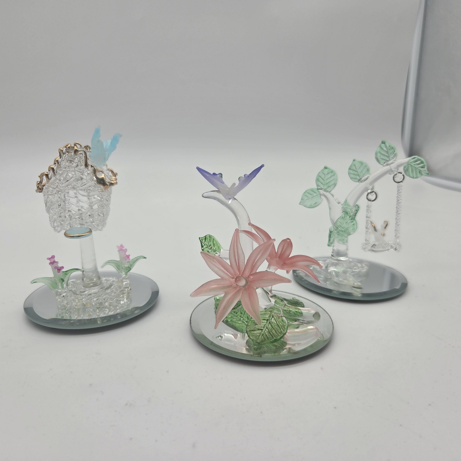 Lot Of 3 Frosted Butterfly Orchids Birds Swing Glass Spun Blown on Mirror Base