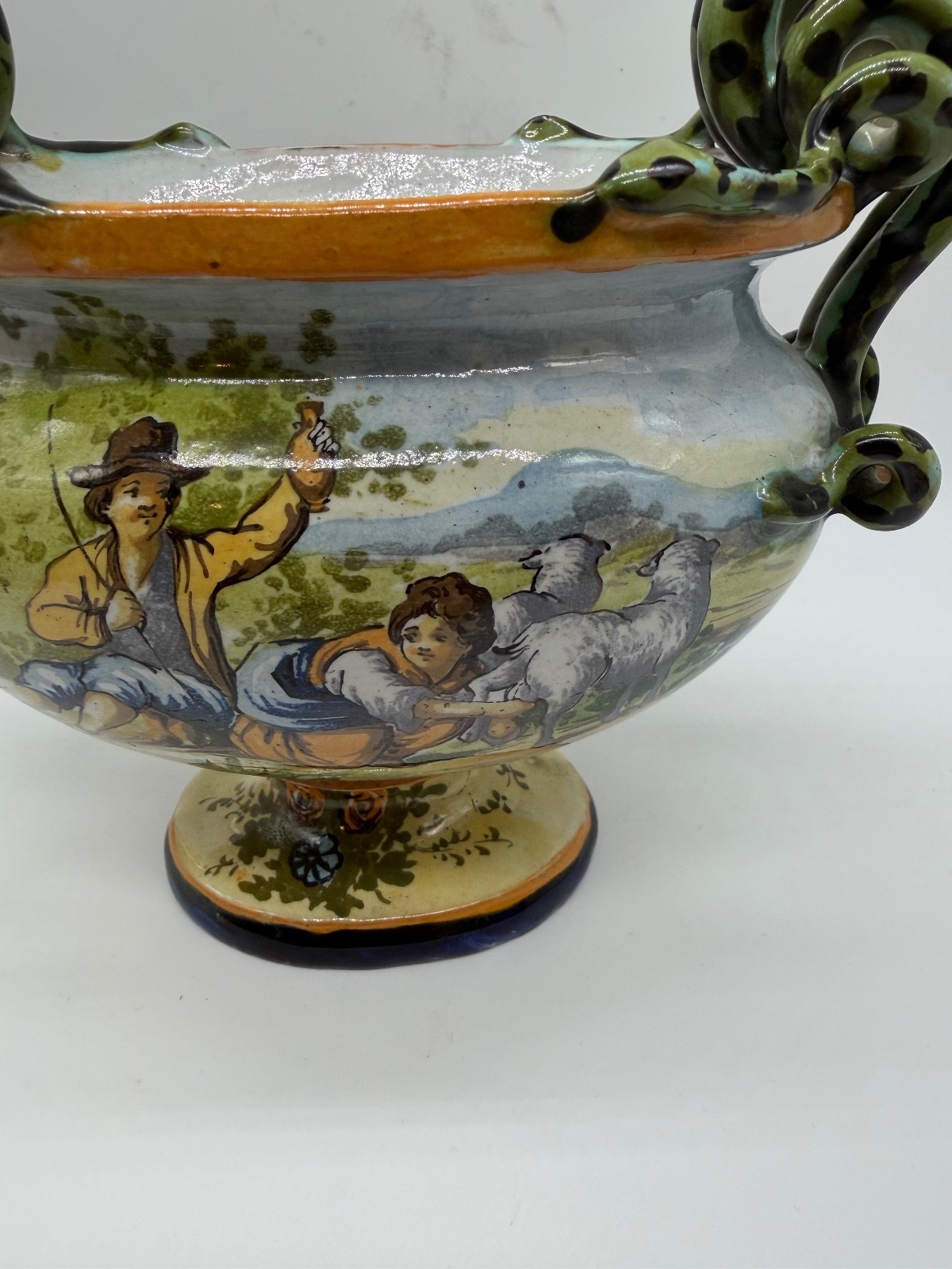 Italian Possibly Vintage Ceramic Vase w/ Shepherd Man & Woman w/ Snake Handles