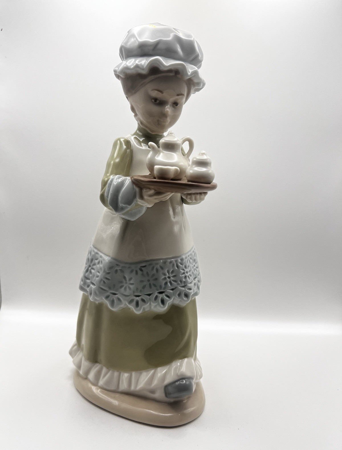 NAO Porcelain Girl Figurine Tray Tea Set Green White Glossy Hand Painted MPN 49