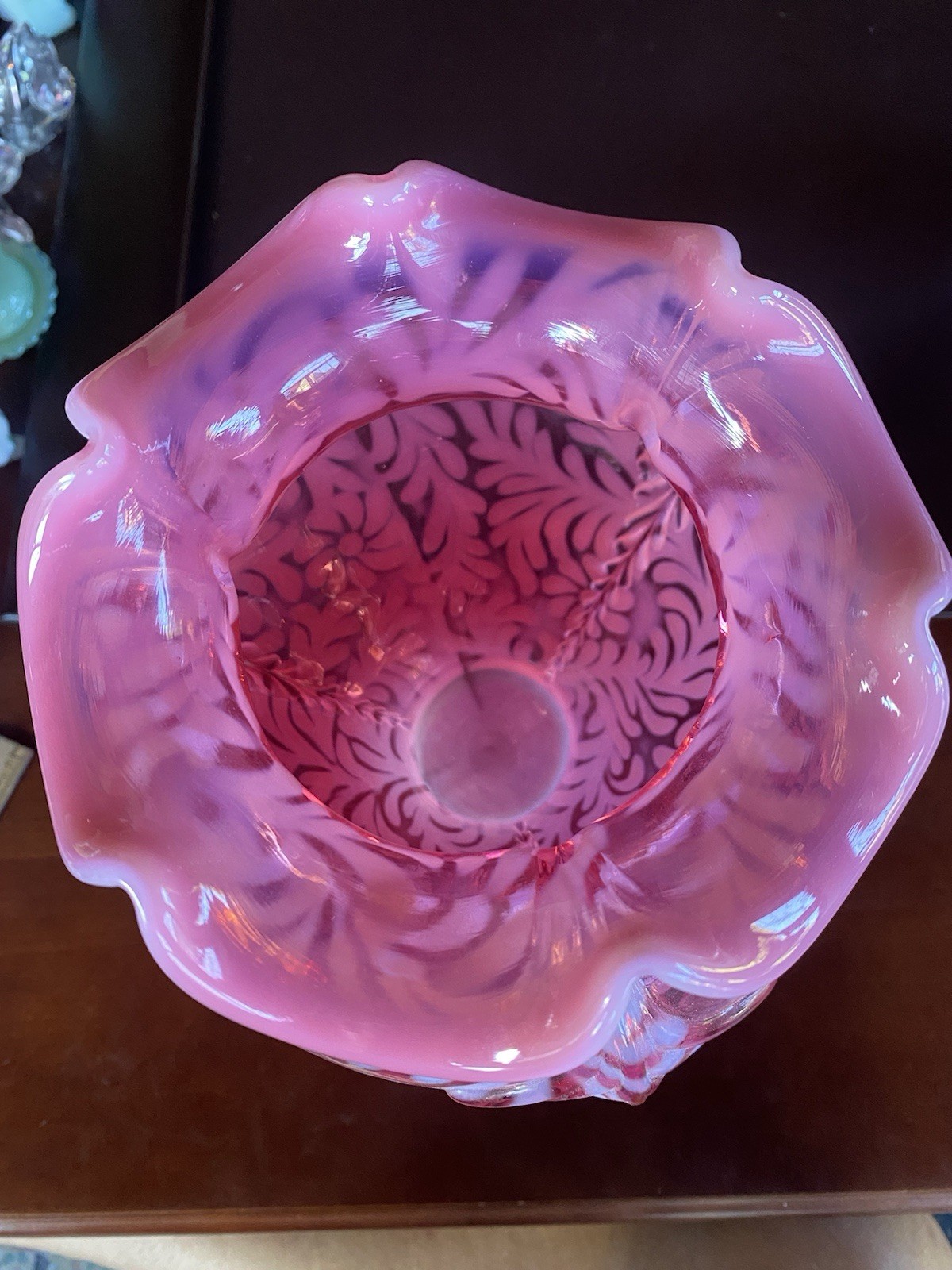 Fenton Cranberry Opalescent Daisy & Fern Large Ruffle Top Vase 9.5″H X 6”W!