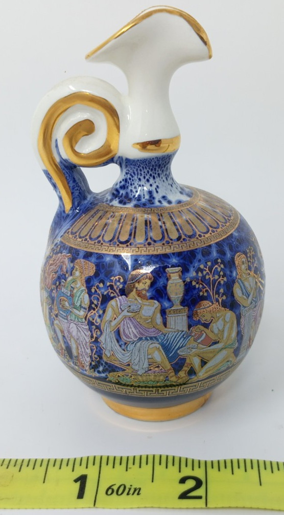 A. Roussi White and Blue Ceramic Vase Urn w/ 24k Gold Leaf Hand-Made In Greece