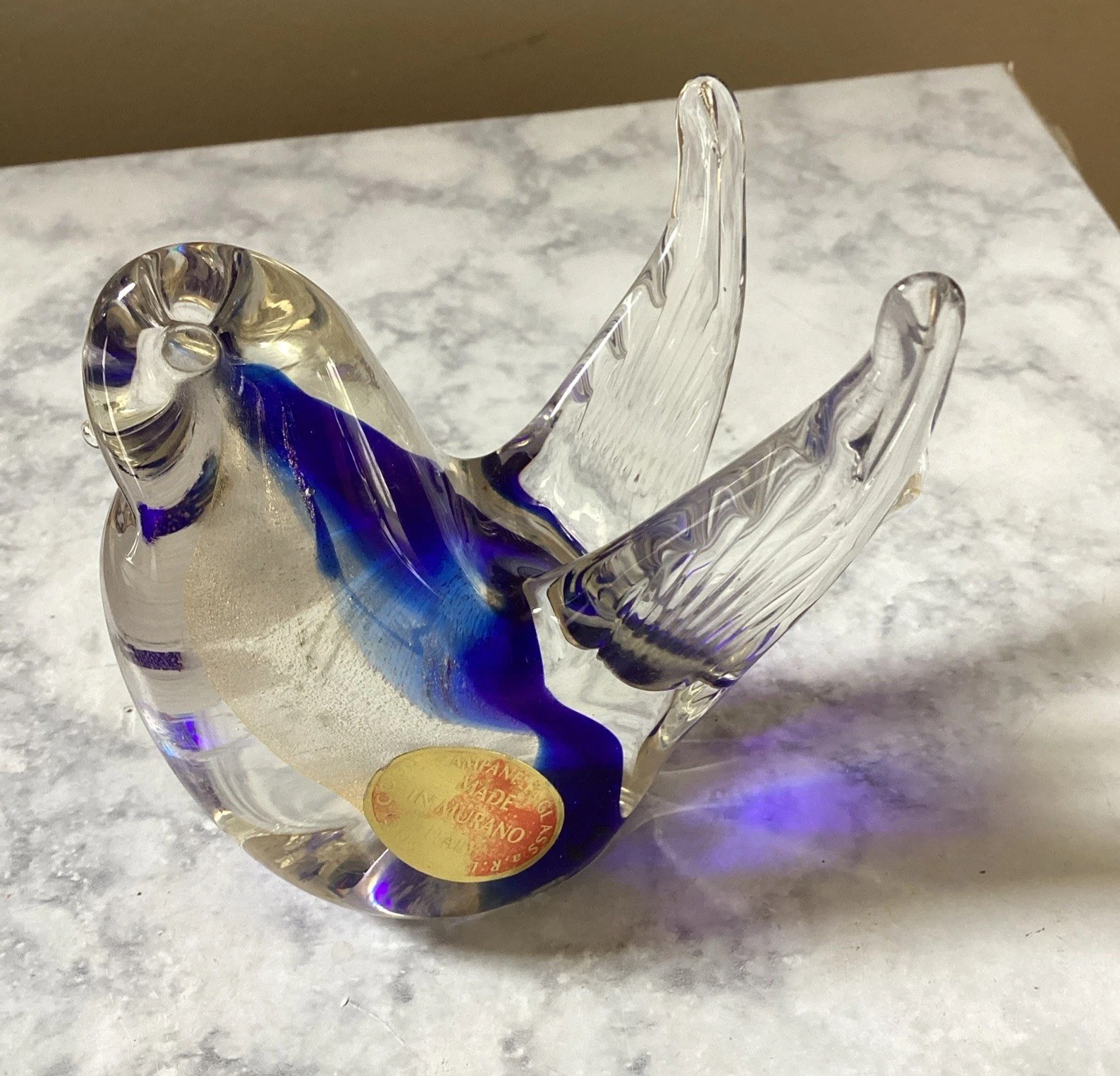 Campanella Murano Glass Bird Clear w Blue & Gold Aventurine Flecks