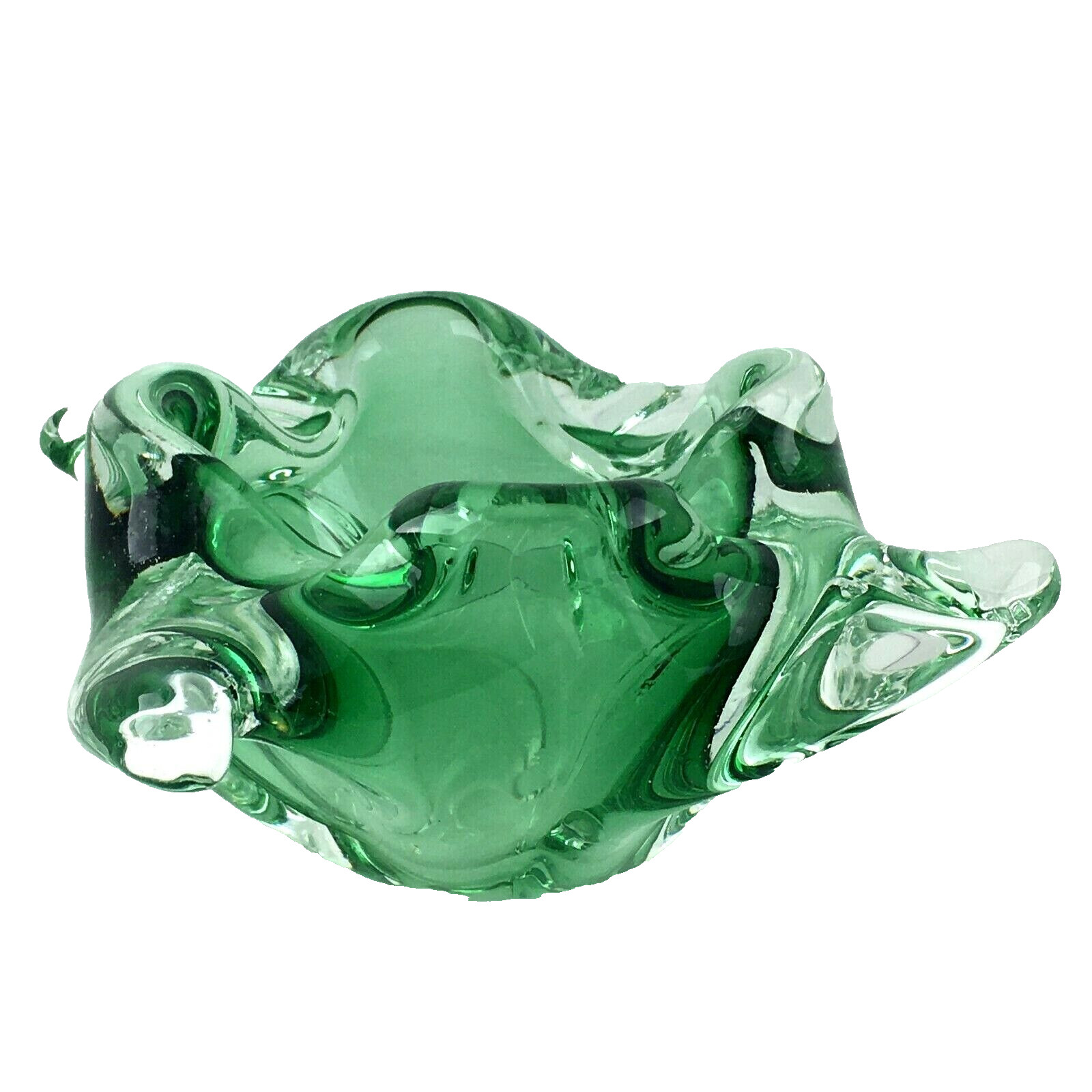 Art Glass Green Candy Dish Windmill Shape Clear Wings Trinket Dish Heavy MCM