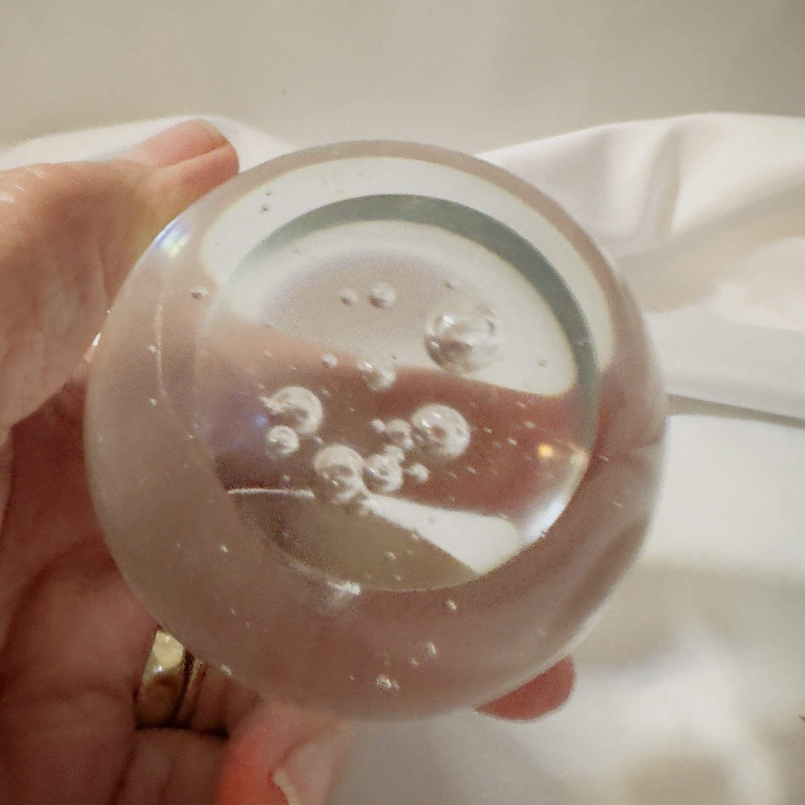 Hand Blown Round Clear Glass Controlled Bubble Paperweight 2.5″ Dome Flat Bottom