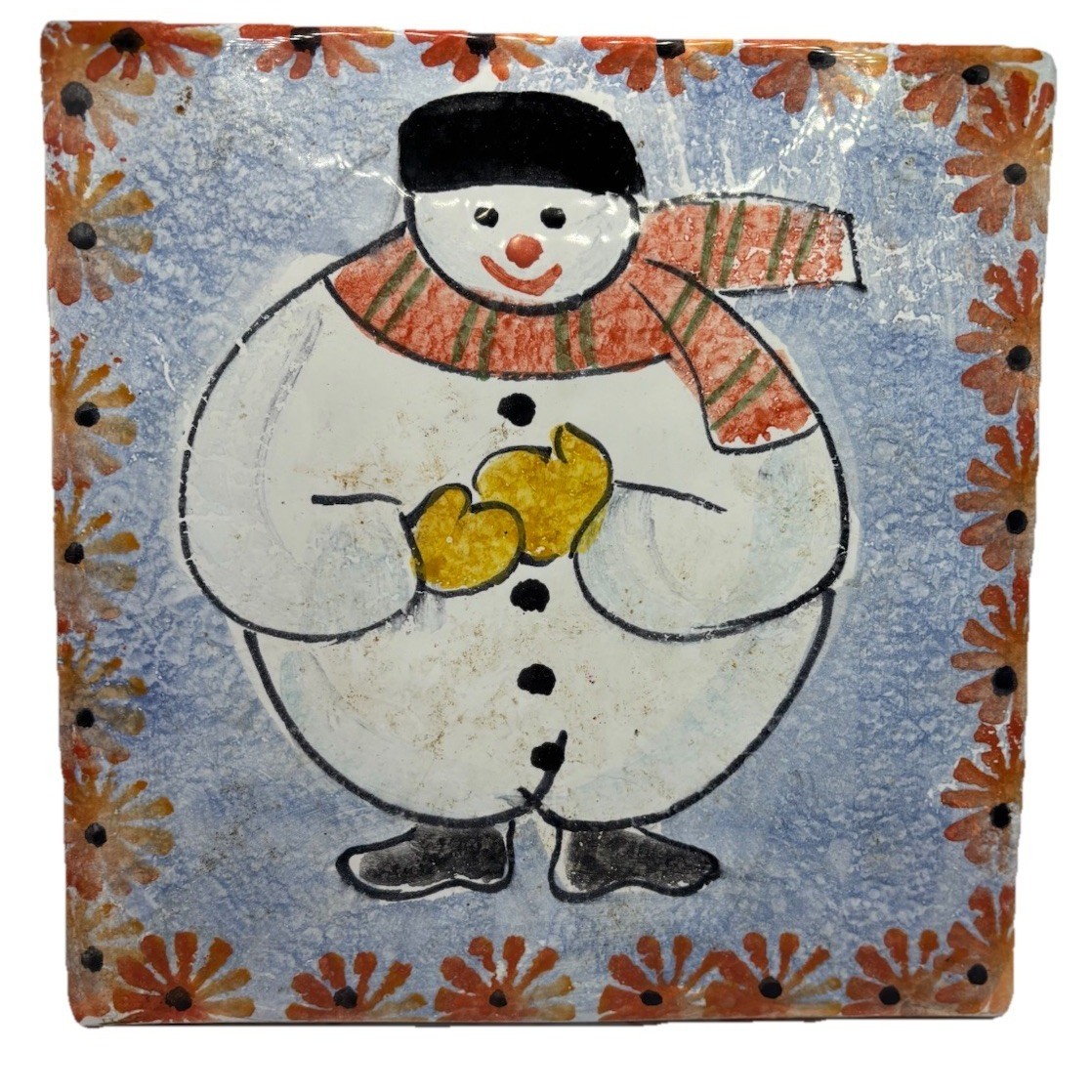 Vintage Italica ARS Italy Hand Painted Snowman Ceramic Tile Trivet Wall Plaque