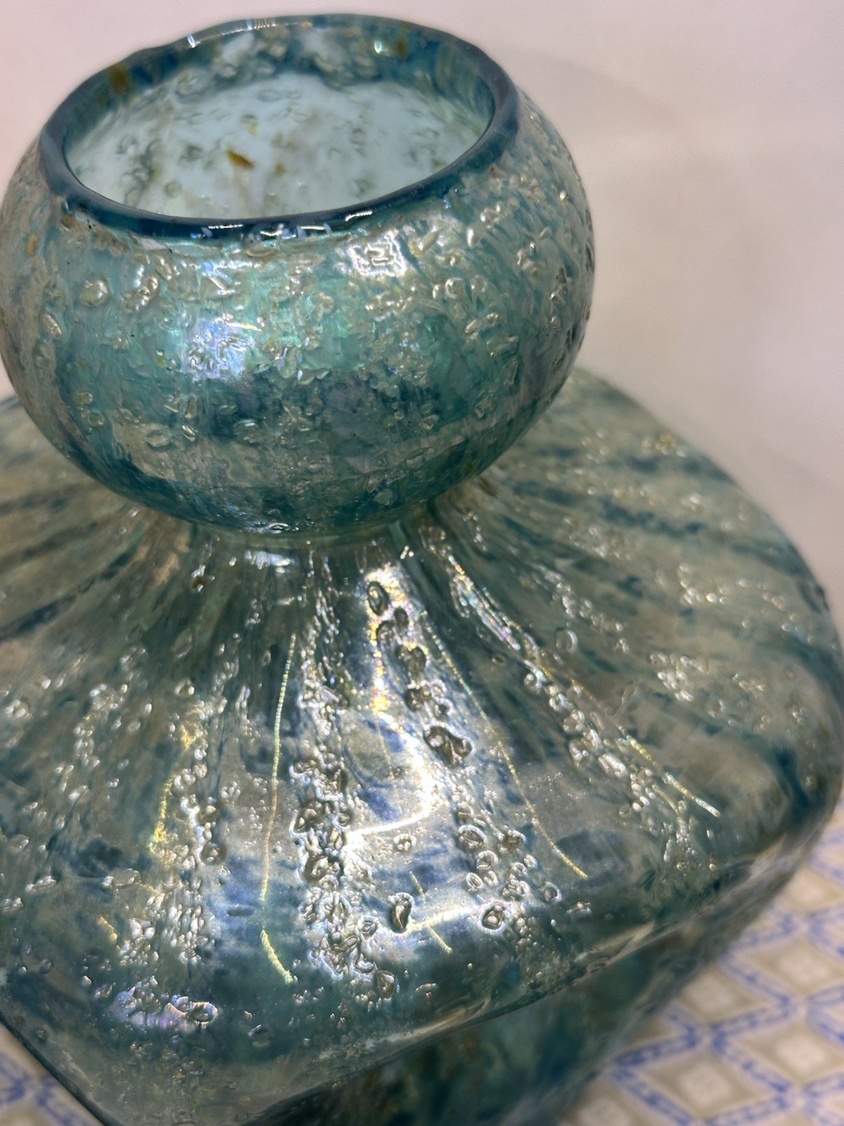 Antique Dugan Glass Iridescent Blue/Green Sq Vase-Round Pinched Early 1900’s 6″