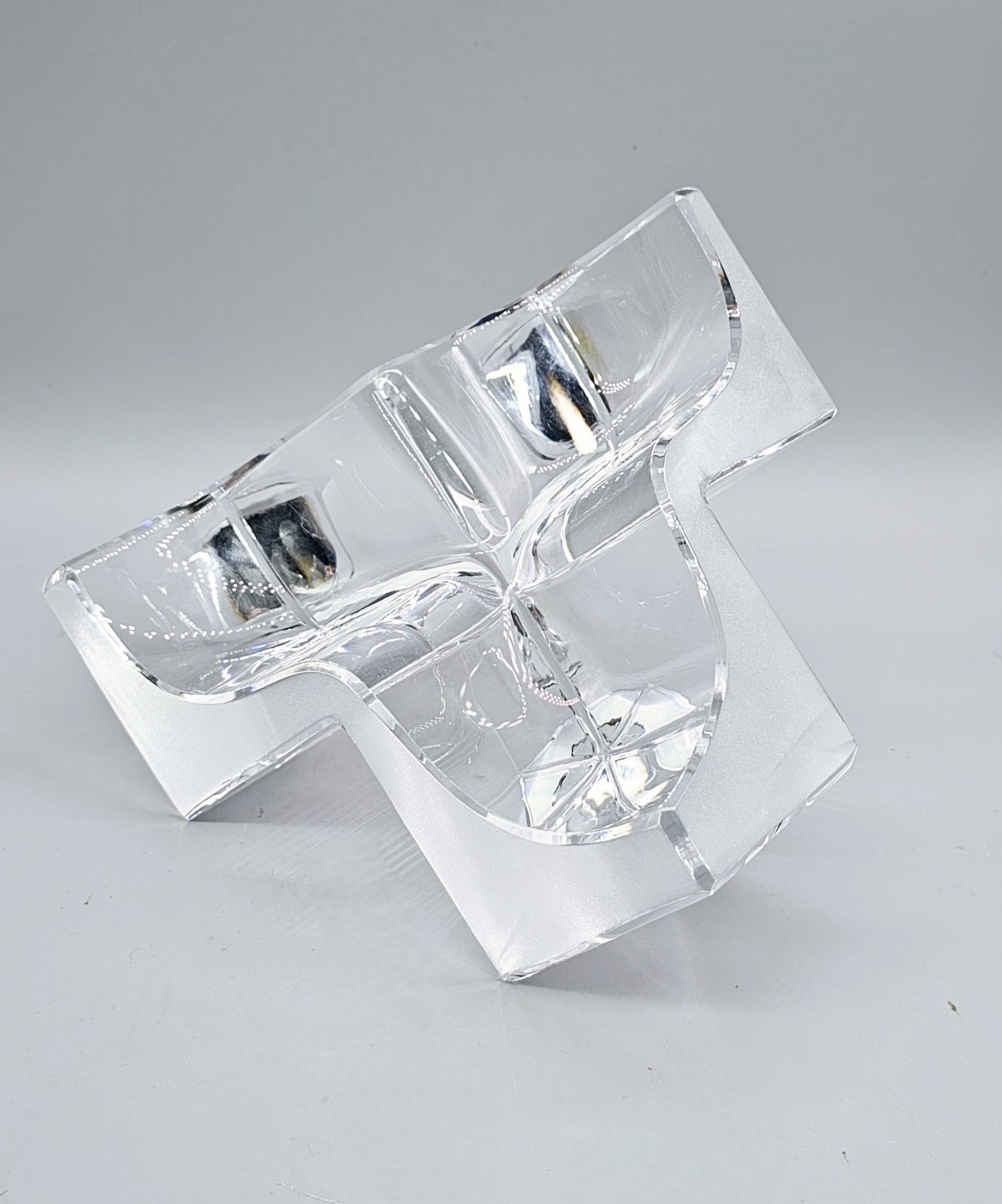 Daum Crystal Triple Cube Vide Poche Bowl Centerpiece Satin Beveled Signed 7″
