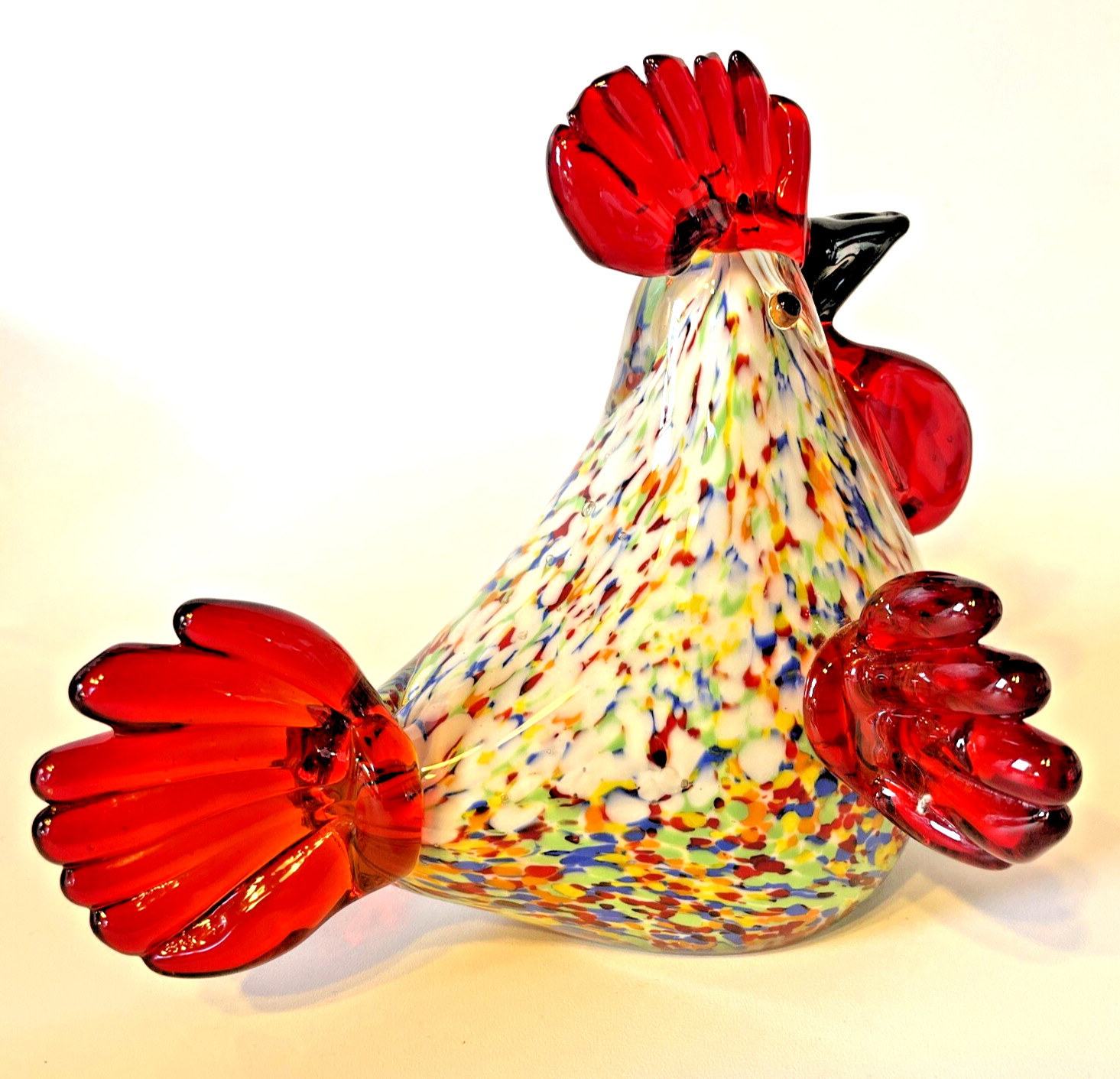 Art Glass Rooster Figurine Multi-Colored Speckled Body
