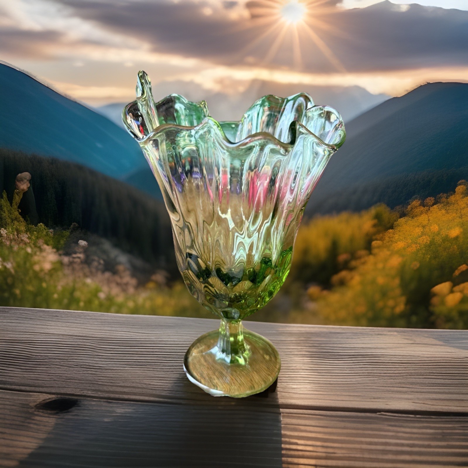Vintage Fenton Swung Art Glass Colonial Green Thumbprint Handkerchief Vase 8″