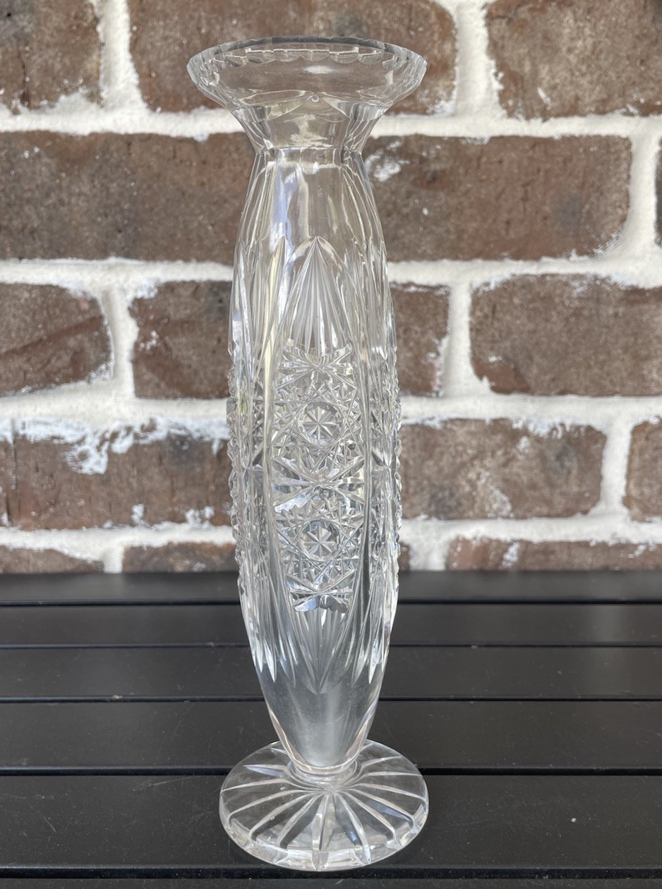 Antique American Brilliant Cut Glass Clear Floral 11” Bud Flower Vase