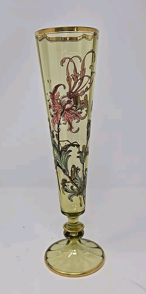 Theresienthal Moser Style Chartreuse Optic Molded Enamaled Floral Vase 11″