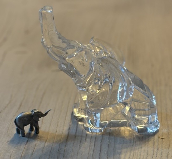 Clear Cut Glass Crystal Elephant Trunk Up Paperweight & Tiny Pewter Elephant