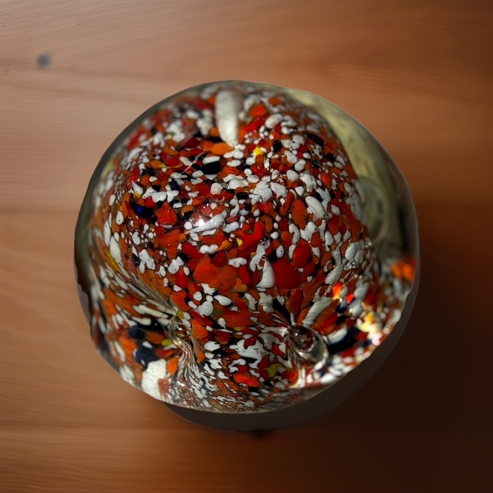 Art Glass Paperweight Clear with Orange White and Yellow