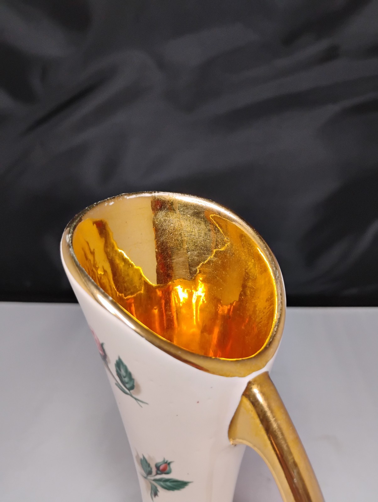 White Pink Floral Ceramic Decorative Vase with Handle Gold Leaf Vintage Decor