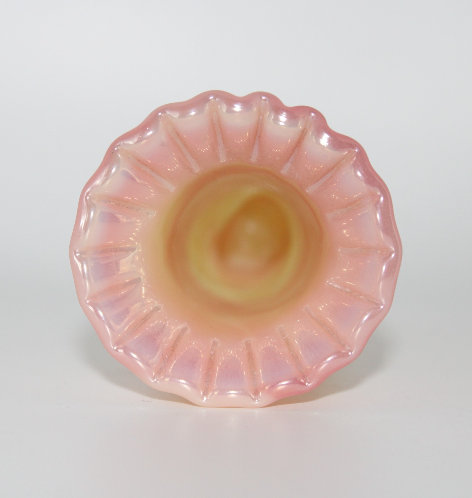 Fenton #38 Burmese Satin with Iridized Rim Mini Torch Left Hand Vase HTF GLOWS