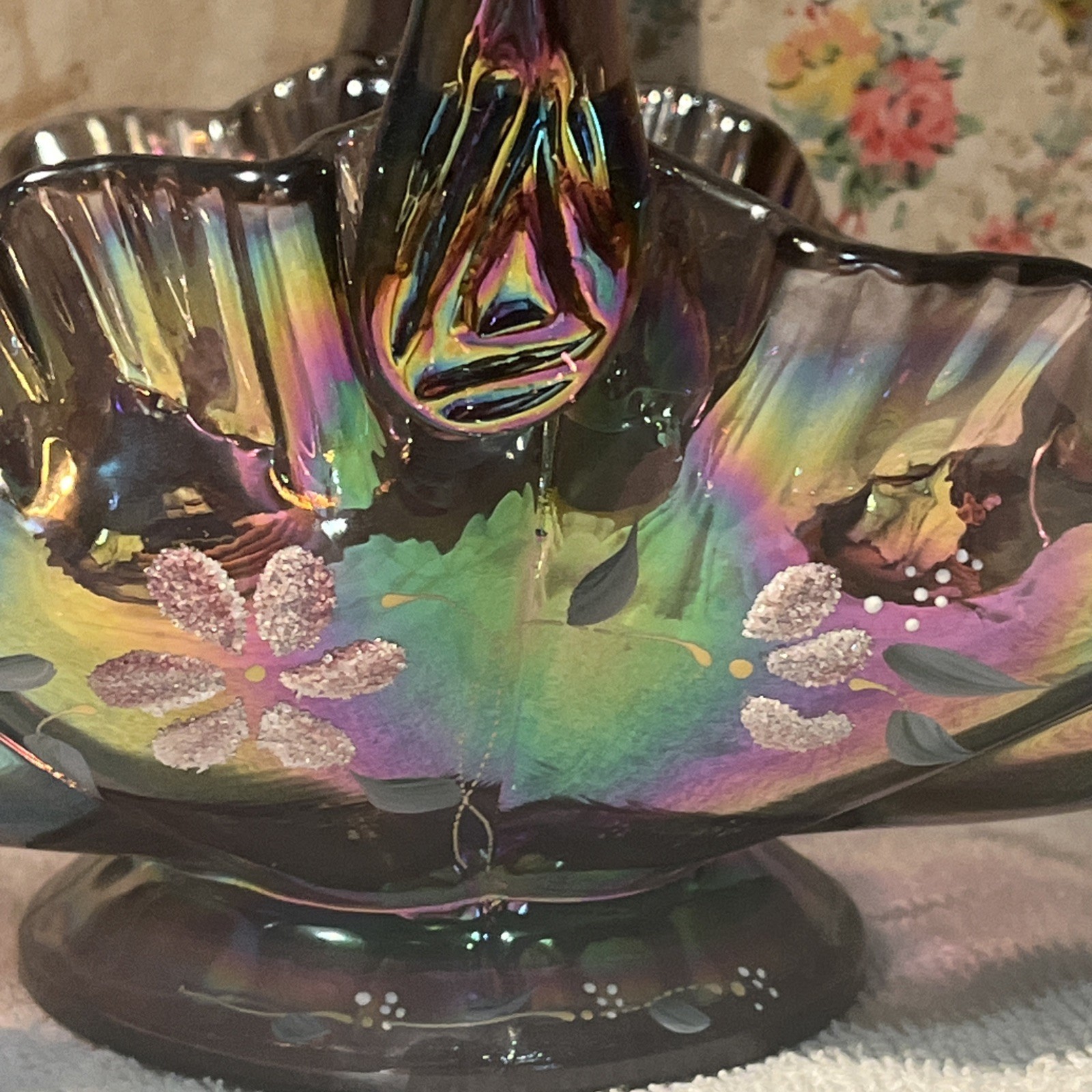 Fenton Amethyst Carnival Glass Ruffled Basket – Signed Bill Fenton & D. Erdman –