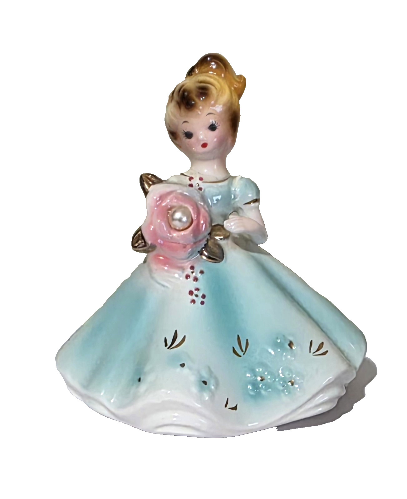 Josef Originals Figurine June Birthday Girl Holding Pearl Rose Blue Dress 4″ Vtg
