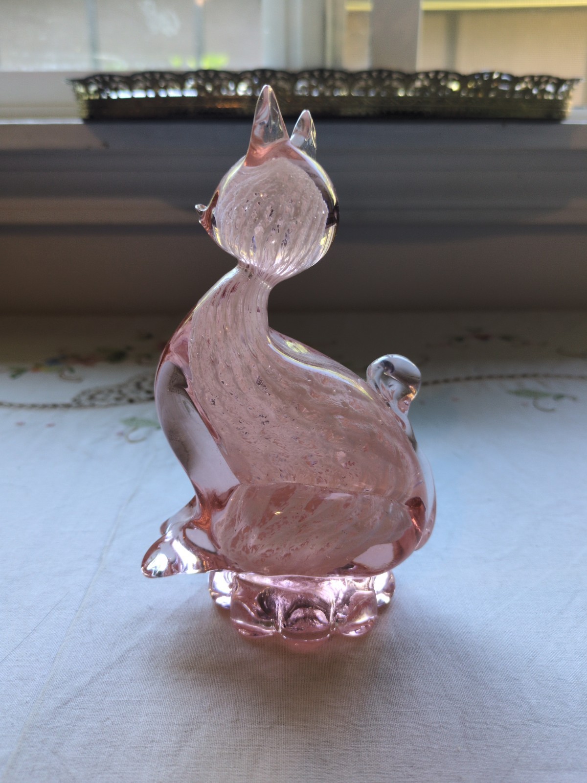 Vintage Murano Style Pink Cat Art Glass Paperweight/ Figurine 6″