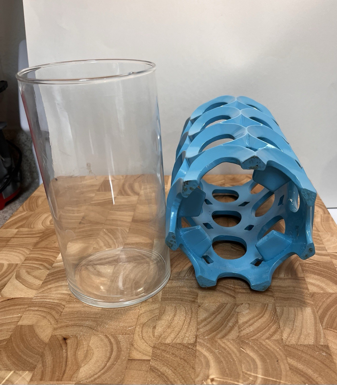 Blue Geometric Decorative Ceramic Vase with Glass Insert, 8″ x 4″. Candle holder