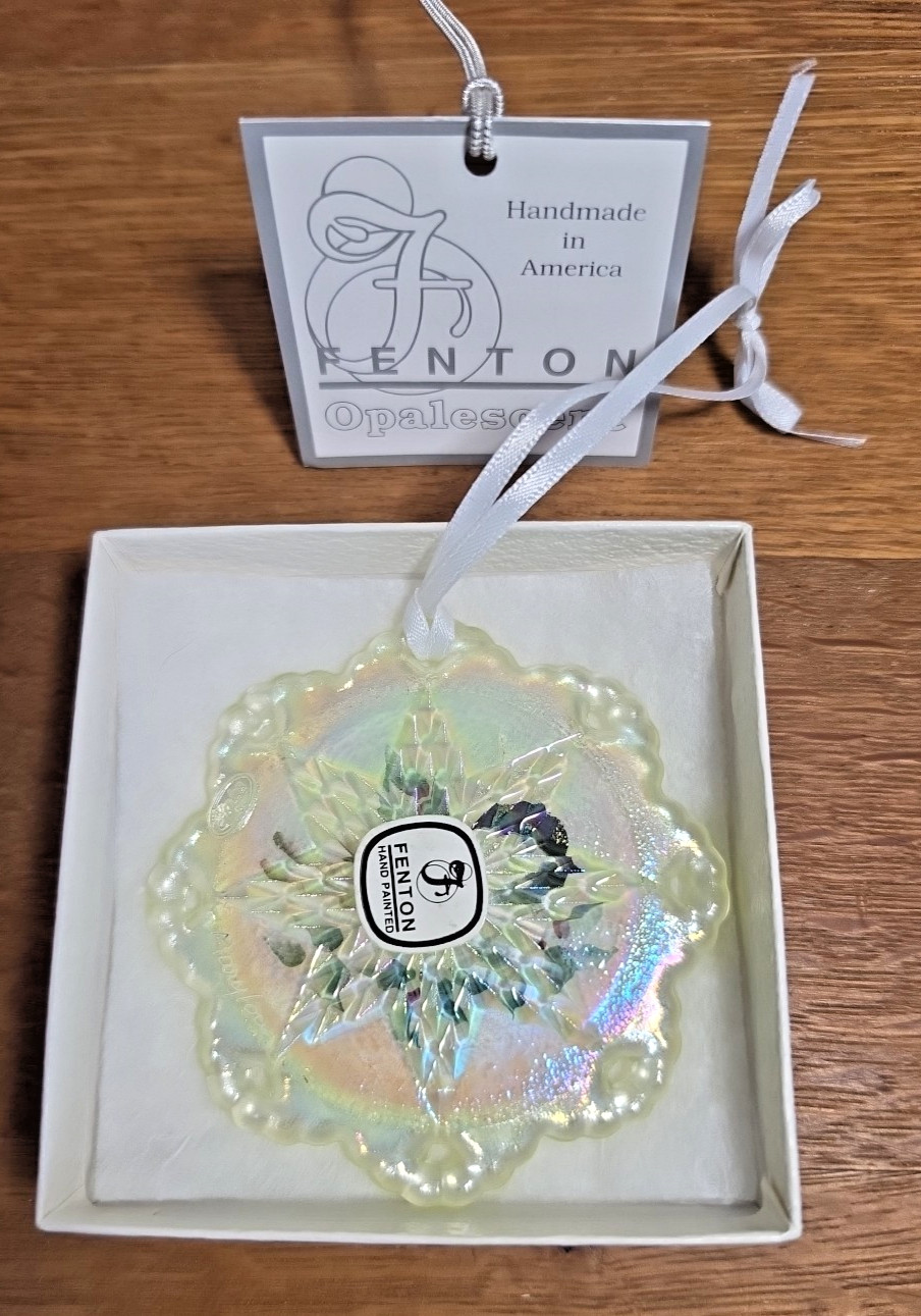 Fenton Hand Painted Vaseline Uranium Opalescent 1997 Bird Ornament
