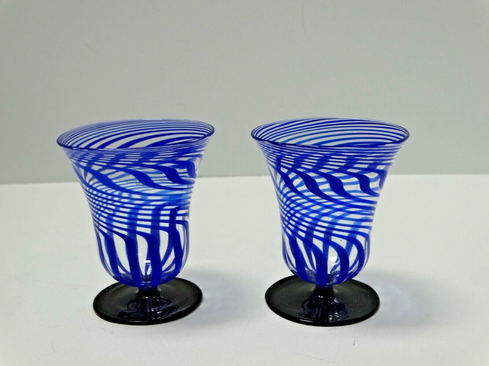 (2) Vintage Bimini Werkstatte Swirl Cocktail Liqueur Glass BLUE & BLACK ~3-3/8″H