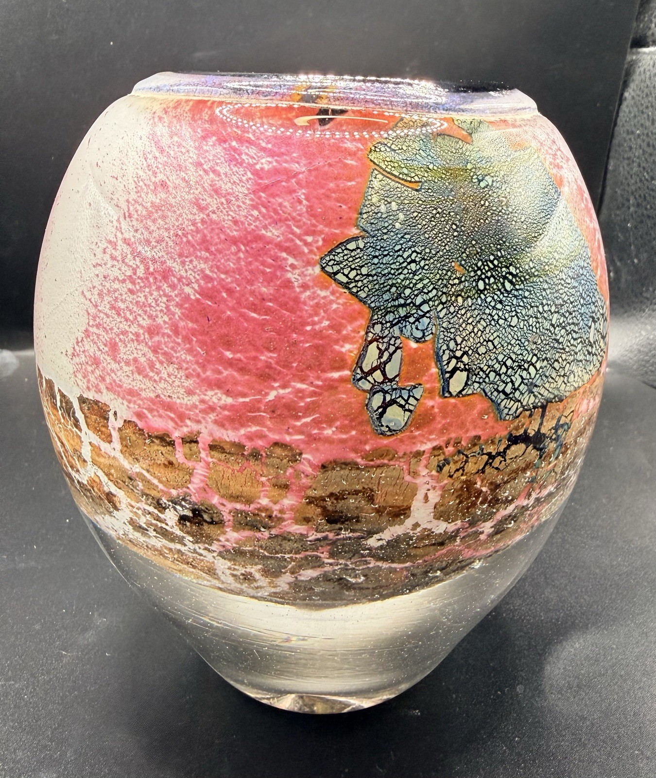 Jean Claude Novaro Signed Art Glass Vase Iridescent Pink Crackle French Blown 5”