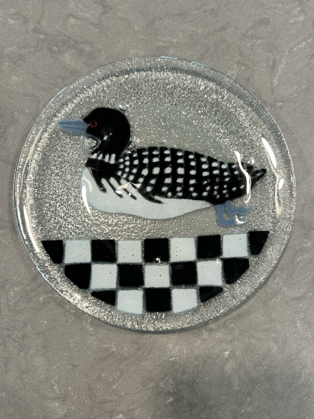 Vintage Loon Fused Glass Round Plate 7.75” Unsigned Bubbles Black White