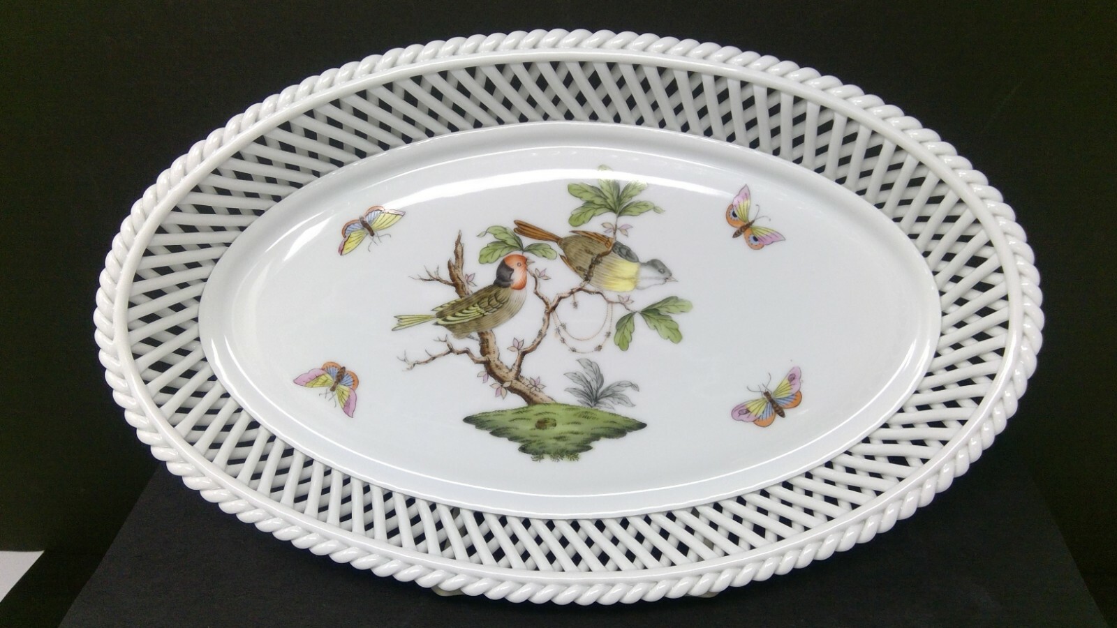 HTF Herend Rothschild Bird 10 3/8″ Oval Open Weave Basket 7375